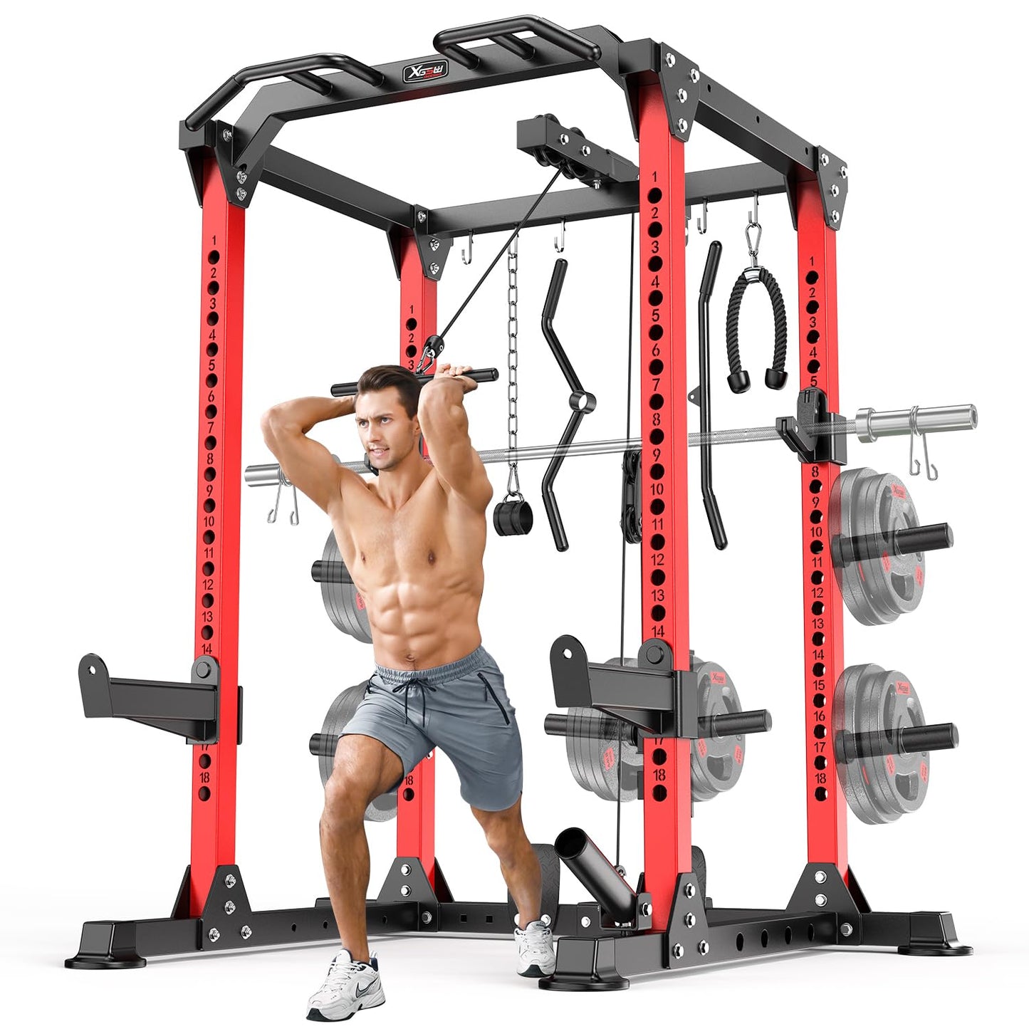 Power Rack Power Cage Multi-Function Squat Rack with Cable Crossover System Selectable More Training Attachment Power Rack for Garage & Home Gym (Red, A Set L01 Power Cage)