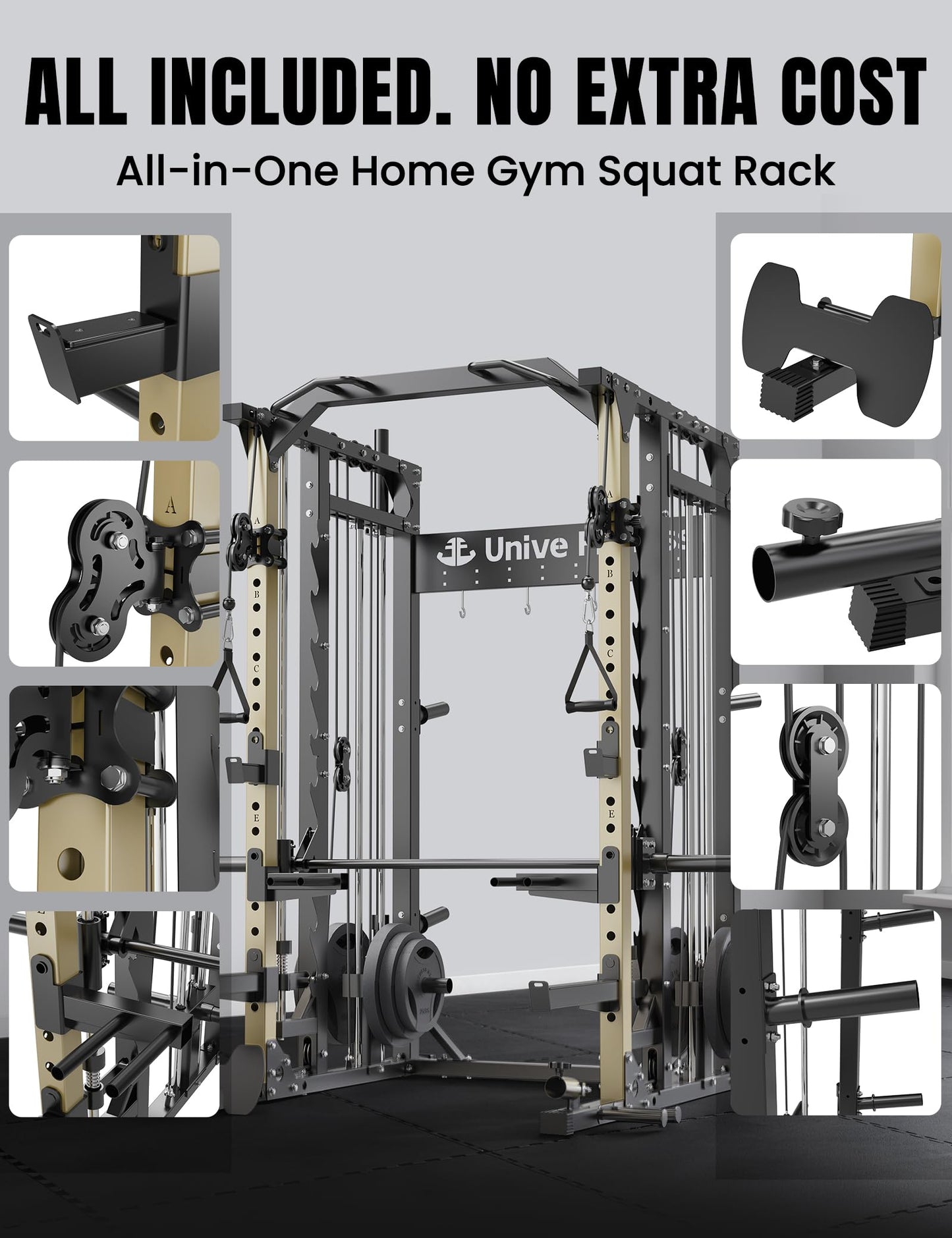 Unive Fitness Smith Machine, All-in-One Home Gym Power Cage with Squat Rack, Dual Cable Crossover & Pulley System, Complete Attachments for Full Body Workouts (DE Smith Machine)