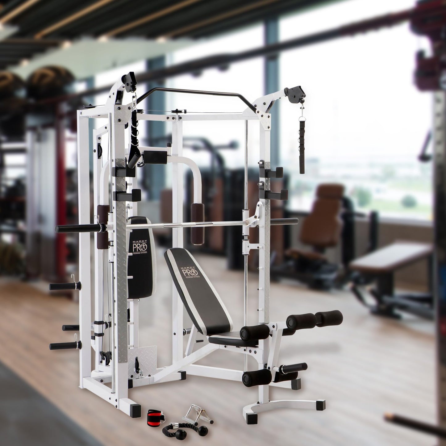 Marcy Combo Smith Cage Machine Full Body Training Home Gym System with Leg Developer, Padded Workout Bench, and Strength Training Weight Bar, White