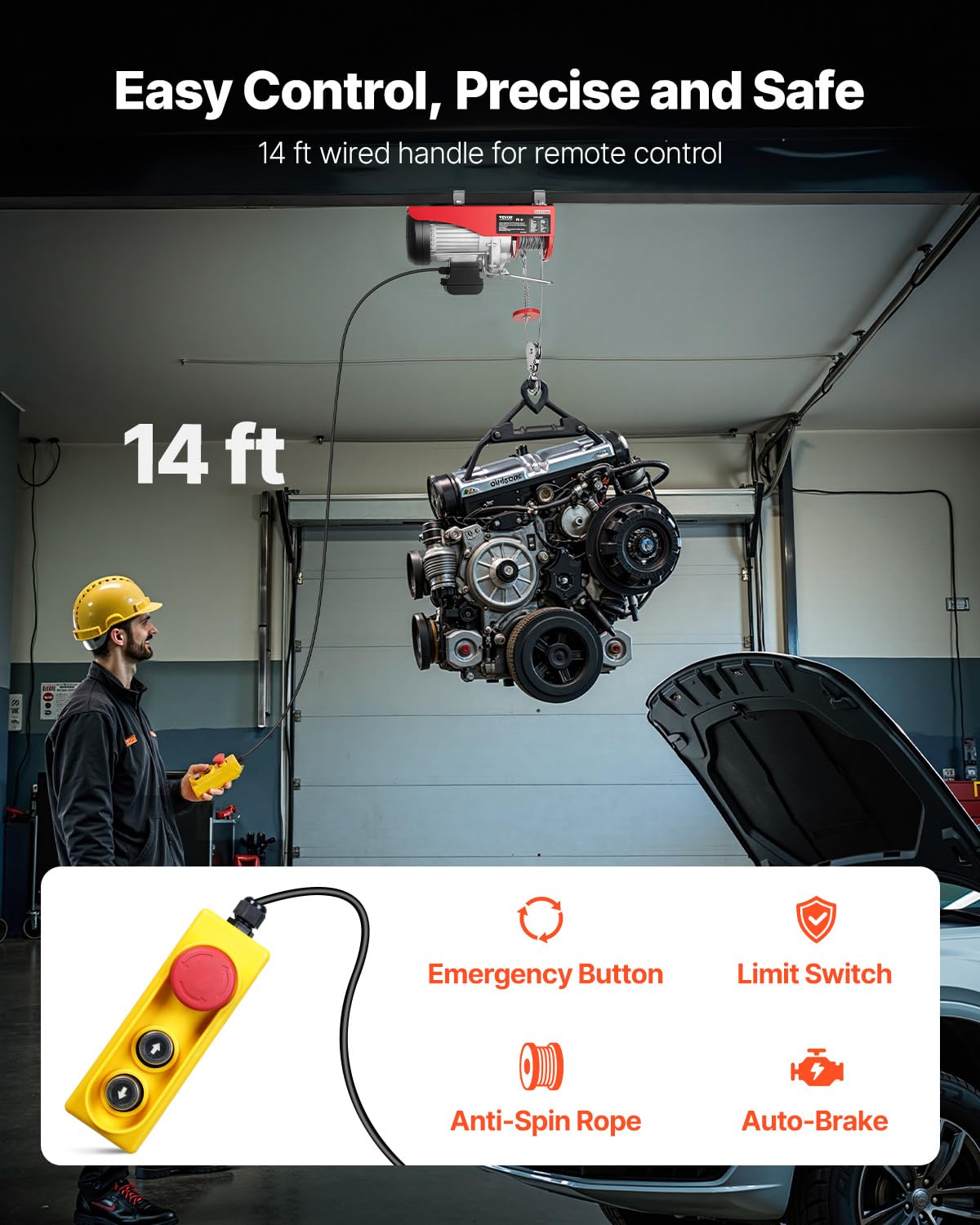 VEVOR Electric Hoist 1760lbs with 14ft Wired Remote Control, Electric Hoist 110 Volt with 40ft Single Cable Lifting Height Motor, for Garage Warehouse Factory