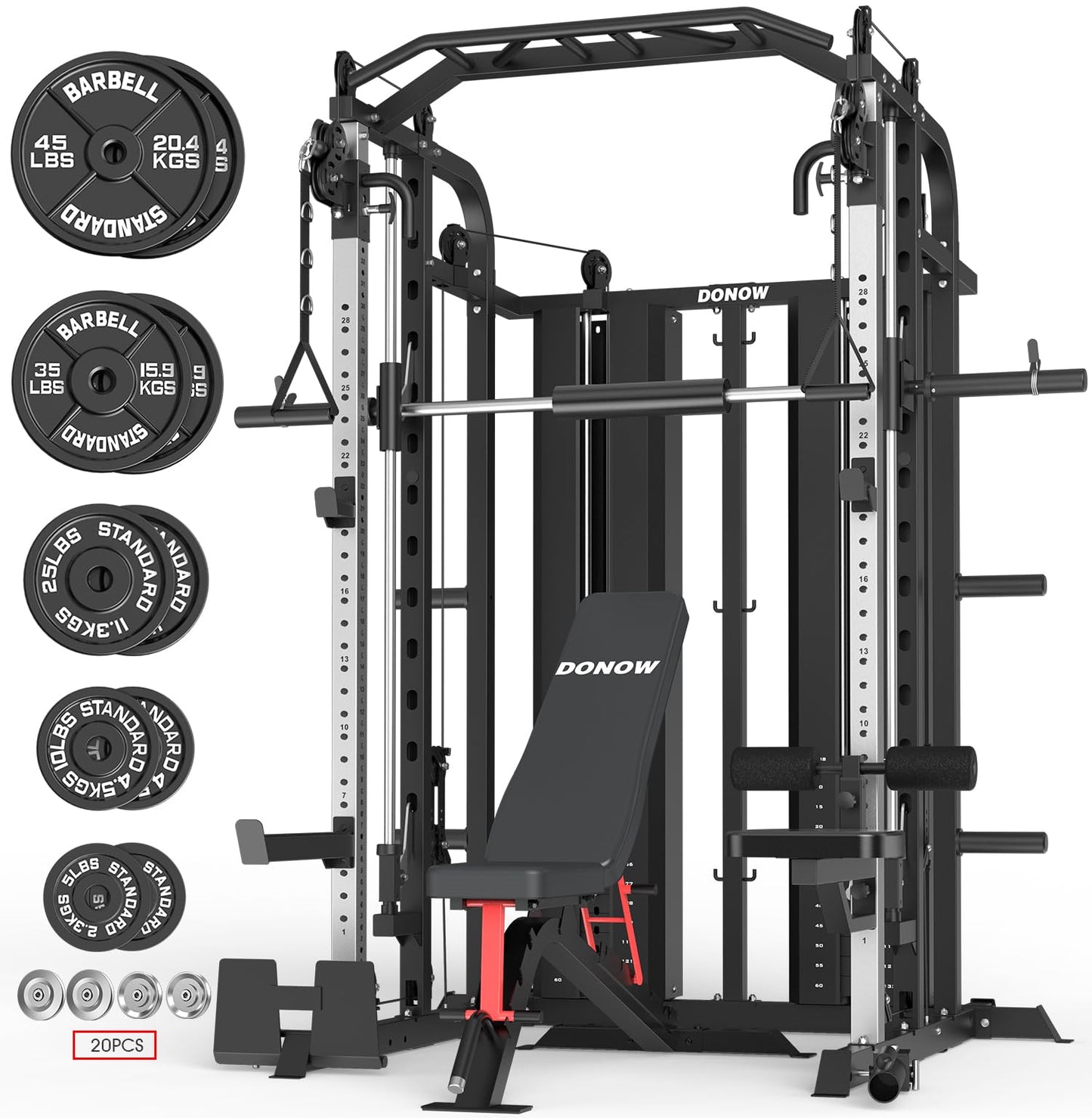 DONOW Smith Machine with Weight Stacks, Power Cage Home Gym System with LAT Pulldown Cable Crossover Multi-Functional Trainer with Dual Pulley System with Weight Bench Cast Iron Weight Plates 240lbs