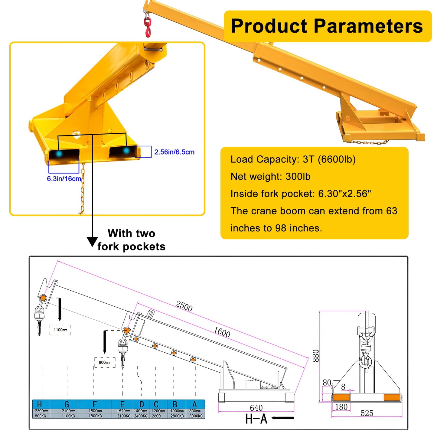 HayWHNKN Forklift Jib Boom Forklift Mobile Crane, 3T / 6600LB Telescopic Crane Attachment with Hook, Adjustable 63"-98" Mobile Lifting Hoist Towing Handling for Warehouse & Construction Material