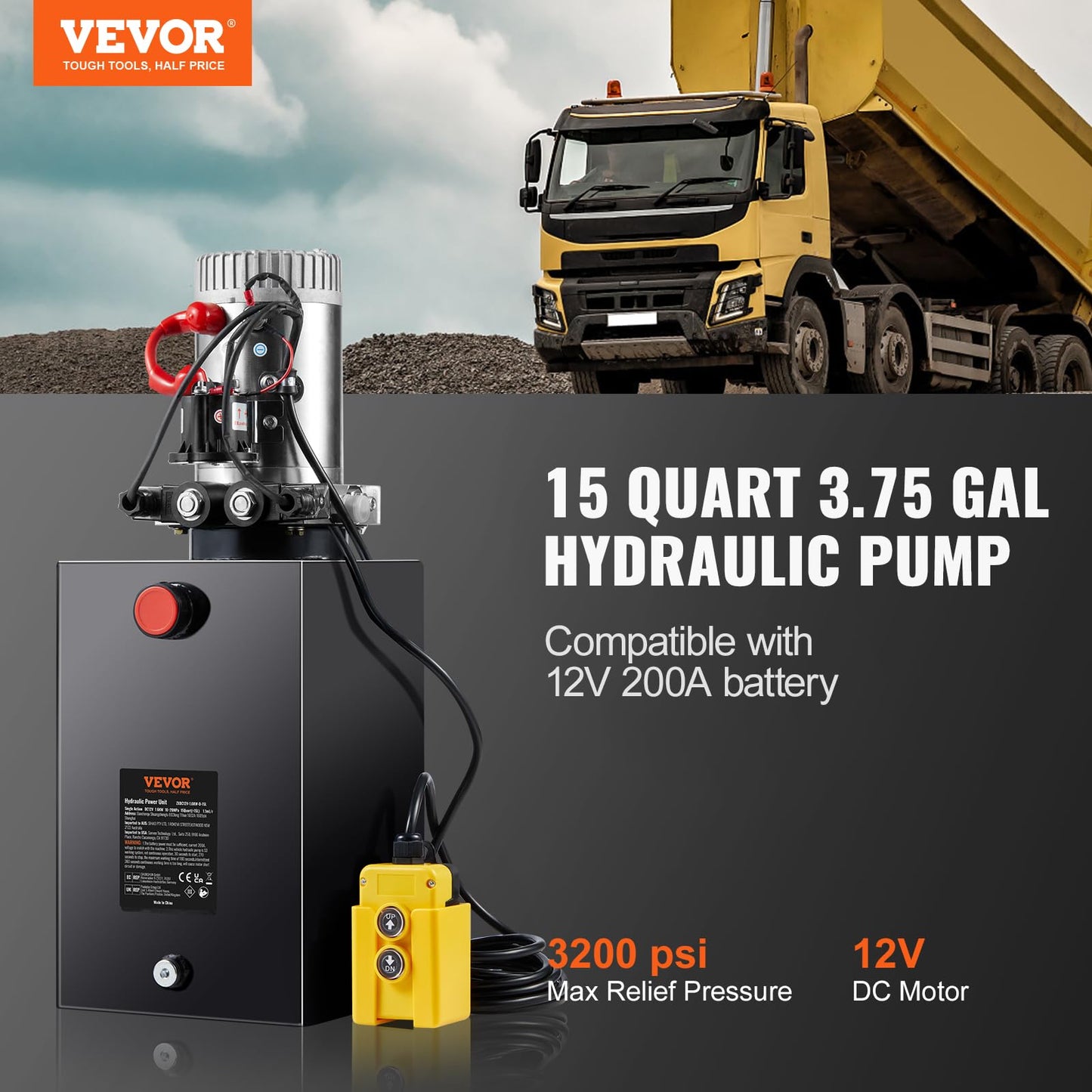 Vevor 12V/DC Hydraulic Pump 15 Quart/ 3.9 Gallon Double Acting Metal Reservoir Hydraulic Pump Unit Remotely Controlled for Dump Trailer: Industrial & Scientific