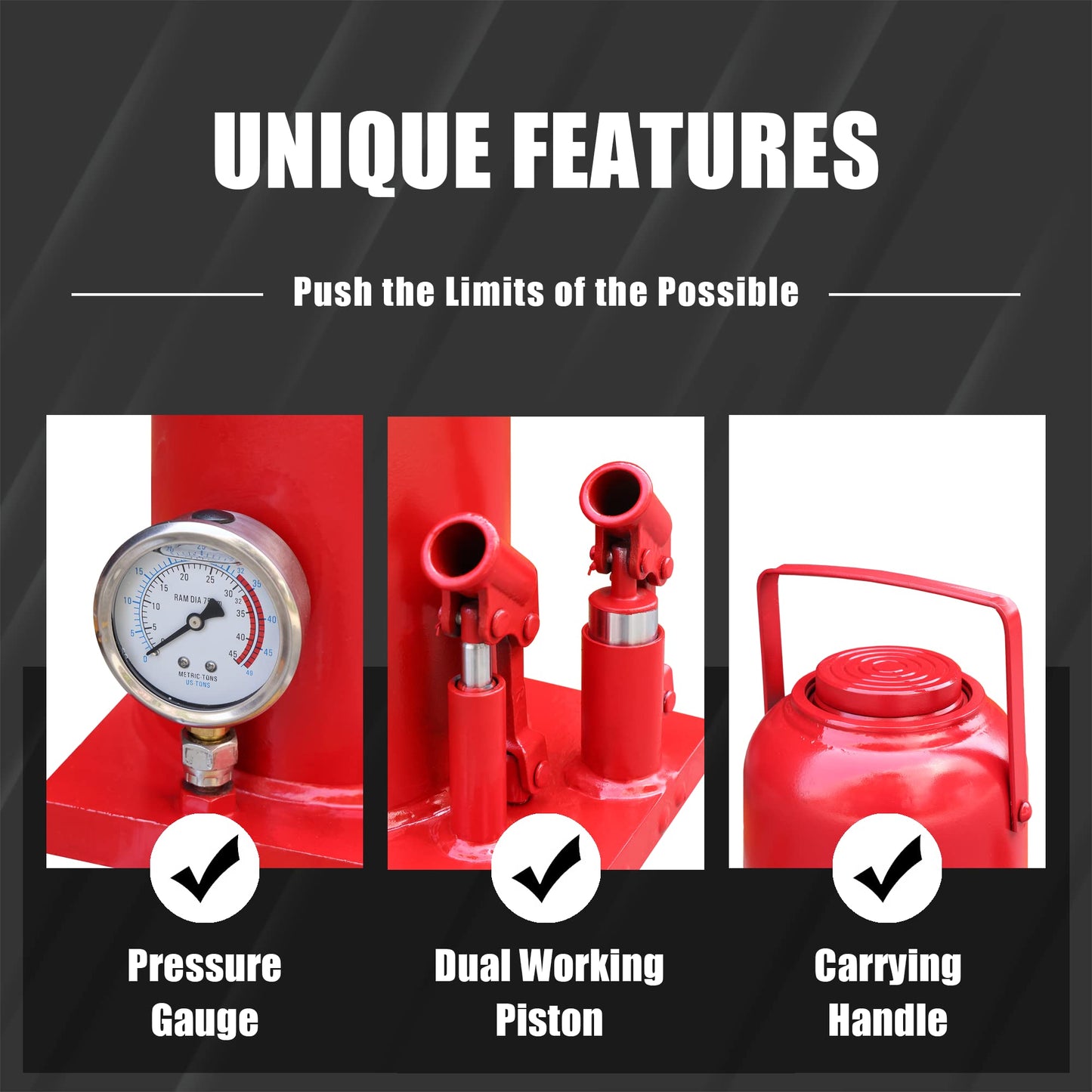 Torin Welded Hydraulic Double Piston Car Bottle Jack with Pressure Gage and Slow Release,32 Ton(64,000 lbs),red, ATH932001BB