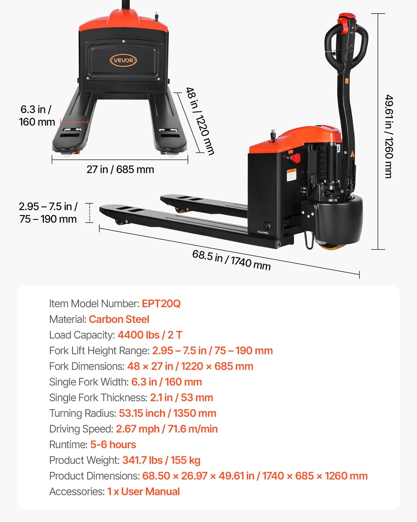 VEVOR Electric Pallet Jack, 4400 lbs Load Capacity, Lithium Battery Powered Pallet Jack Truck with 48L x 27W Inch Forks for Material Handling, Suitable for Warehouse, Supermarket, Manufacturing
