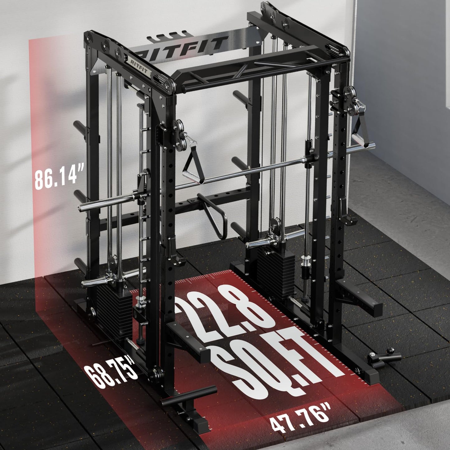 RitFit M2 Smith Machine with with Cable Crossover System, 3D Functional Trainer & Power Cage, 16 Adjustment Holes, 6 Storage Pegs for Full-Body Home Gym(M2 PRO-3D Black)