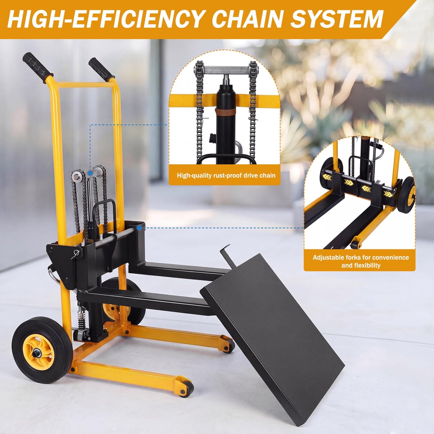 900 Lbs Hydraulic Material Lift Stacker, Heavy Duty Manual Pallet Truck Dolly with Adjustable Forks, 40" Max Lift Height Portable Forklift Table Cart for Warehouse (Yellow)