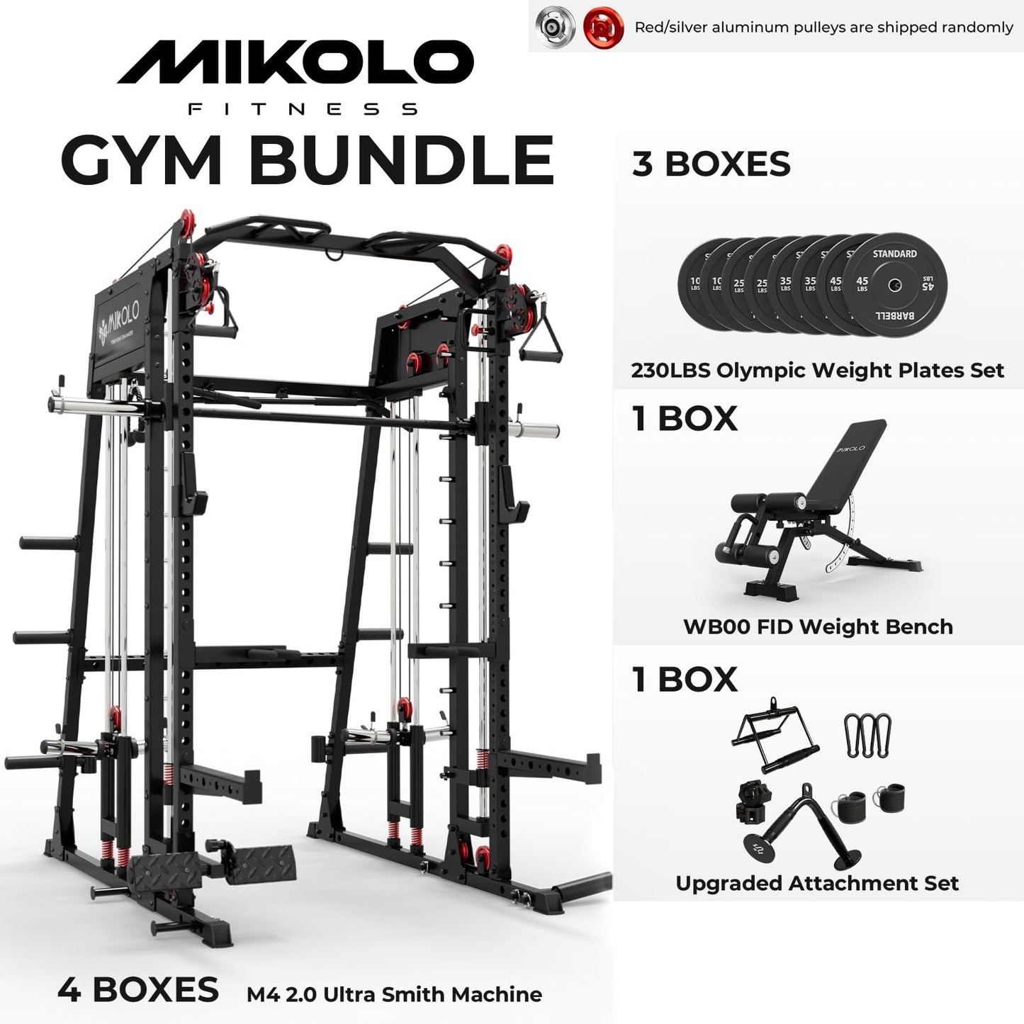 Mikolo M4 2.0 Ultra Smith Machine with 230 lbs Bumper Weight Plates, Multi-Function Squat Rack with LAT-Pull Down System & Cable Crossover Machine, Home Gym Equipment, Black