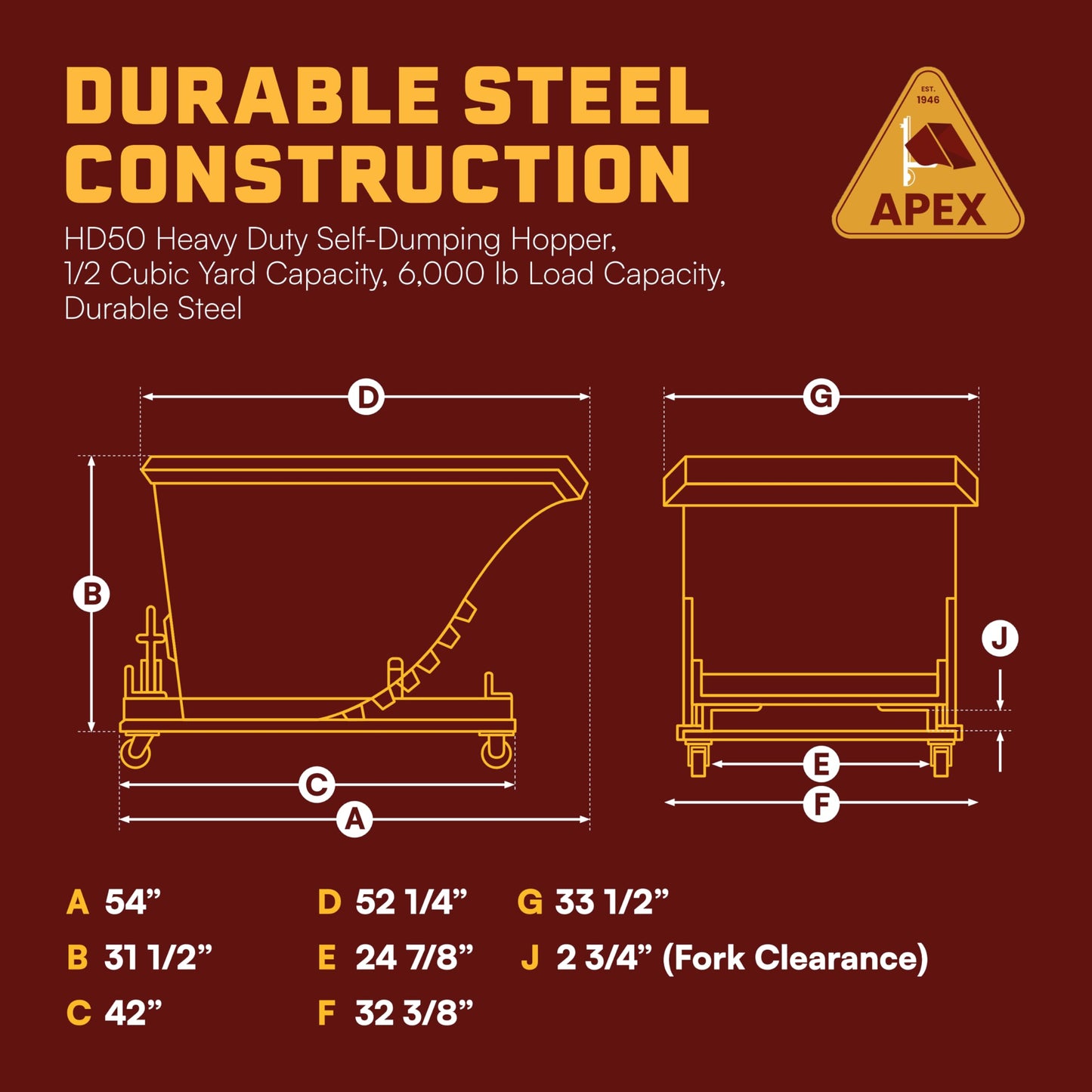 Apex Heavy Duty Self-Dumping Hopper with Casters, 1/2 Cubic Yard Capacity, 6000 lb Load, Durable Steel Construction, Commercial and Industrial Use, Made in The USA (1/2 Cubic Yard)
