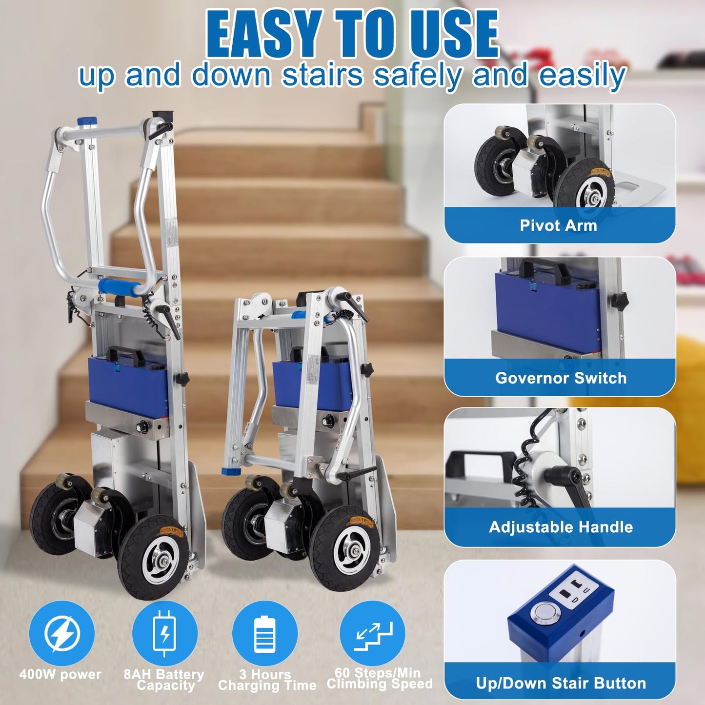 RXFSP 440LB Capacity Electric Stair Climbing Hand Truck 400W Aluminum Heavy-Duty Motorized Dolly for Straight & Curved Stairs, Effortless Heavy Load Transport