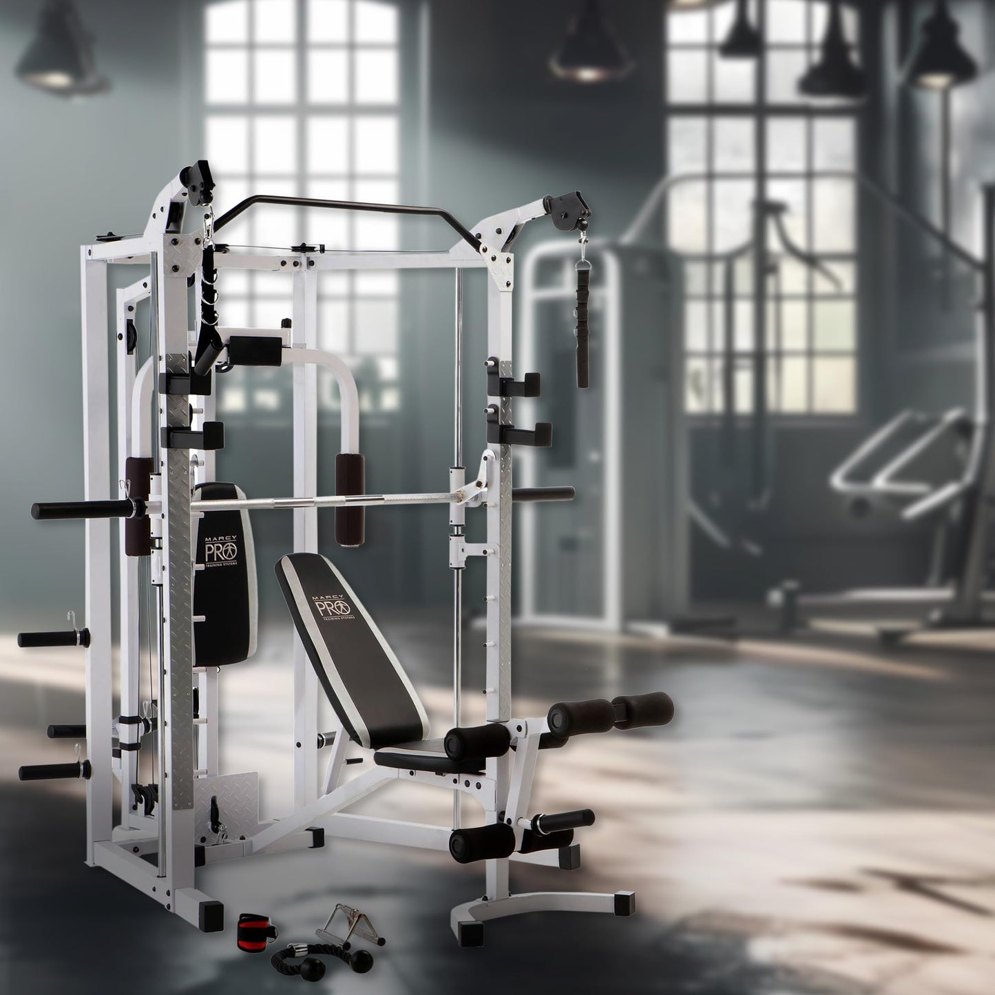 Marcy Combo Smith Cage Machine Full Body Training Home Gym System with Leg Developer, Padded Workout Bench, and Strength Training Weight Bar, White