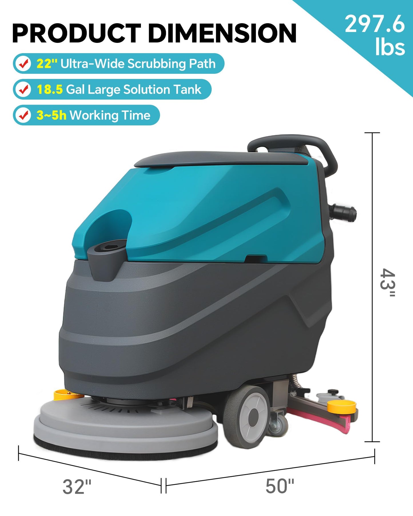 KARHDIR C7 Walk Behind Commercial Floor Scrubber Machine, 22" Cleaning Width, 31.5" Suction Width, 18.5 Gallon Solution Tank, 15.9 Gallon Recovery Tank, 32000 Sqft/h, Complete Set of Parts