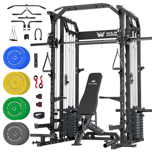 Major Fitness Drone2 Premium Smith△ Machine, All-in-One Home Gym Squat Rack with Aluminum Pulley Set, Weight Bar (BK D2AW Package(with Black Bench+230lb))