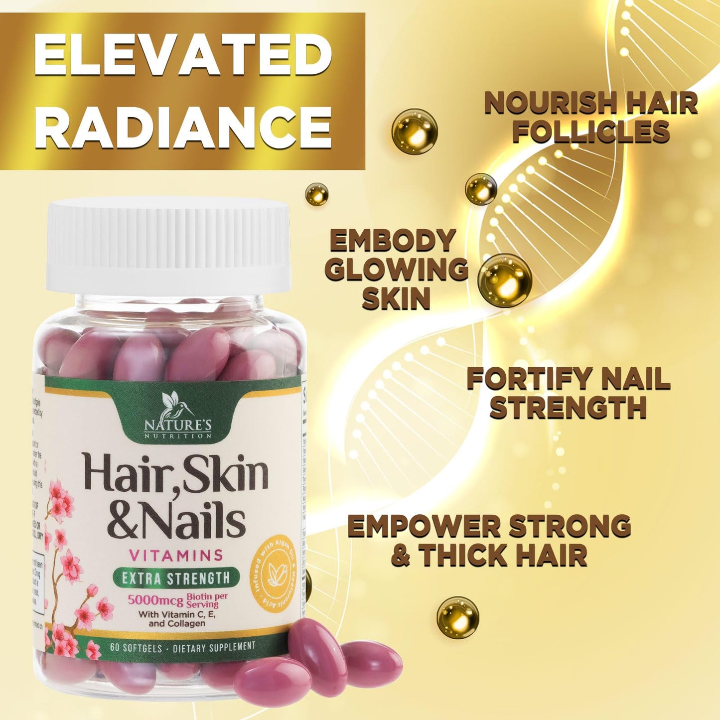 Hair, Skin & Nails Vitamins - Biotin 5000mcg Per Serving - Extra Strength Hair Growth Support For Women with Collagen, Argan Oil - Beautiful Skin, Hair & Nails Supplement - USA Bottled - 60 Softgels