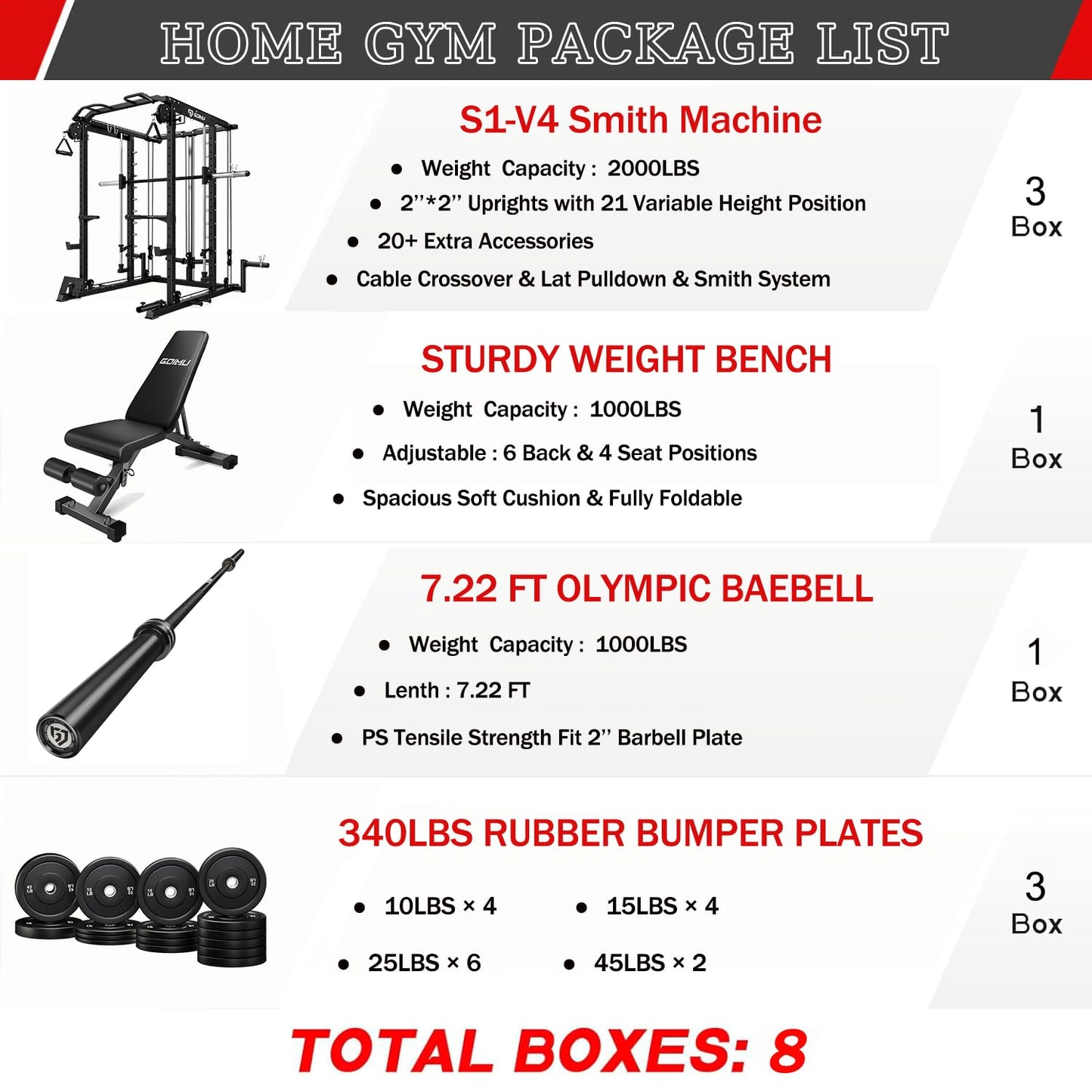 Goimu S1-V4 Smith Machine, 2000LBS Power Cage with Cable Crossover System, All-in-One Squat Rack with Smith Bar, Strength Training Equipment for Hone Gym (Black Smith Machine wiht 340lb Weights&Bar)