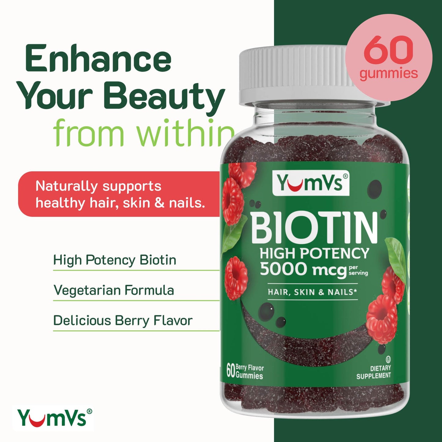 YUM-V'S YumVs Biotin Gummies 5000mcg - Luscious Raspberry Flavor - Thicker Faster Hair Growth Gummies for Women or Men - Hair, Skin & Nails Vitamins - Hair Gummies (60 Count (Pack of 2))