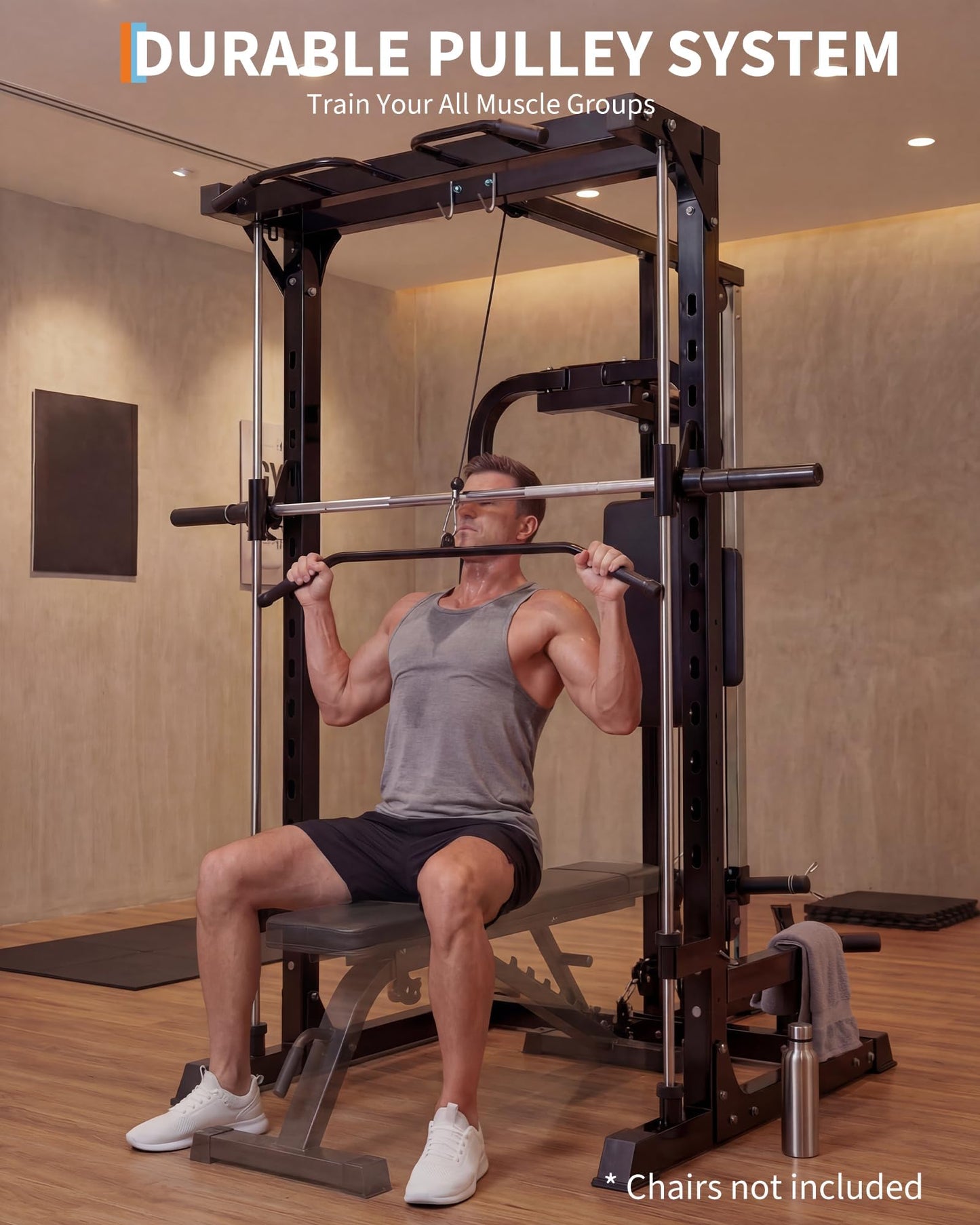 Multi-Functional Smith Machine Power Cage Squat Rack – Heavy Duty Home Gym Equipment – Includes LAT Pulldown, Low Row, Pull-Ups & Bench Press