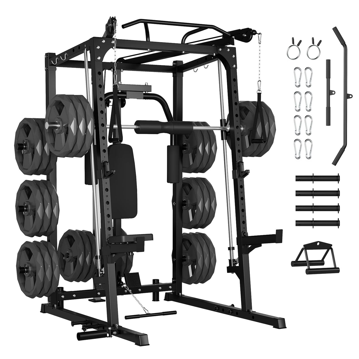 GarveeLife Smith Machine, 2000LBS Squat Rack for Home Gym, Multi-Function Power Cage Cable Crossover System Strength Training Equipment, LAT Pulldown Machines, 8 Weight Storage Pin, No Weight Plates