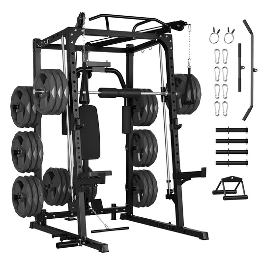 GarveeLife Smith Machine, 2000LBS Squat Rack for Home Gym, Multi-Function Power Cage Cable Crossover System Strength Training Equipment, LAT Pulldown Machines, 8 Weight Storage Pin, No Weight Plates