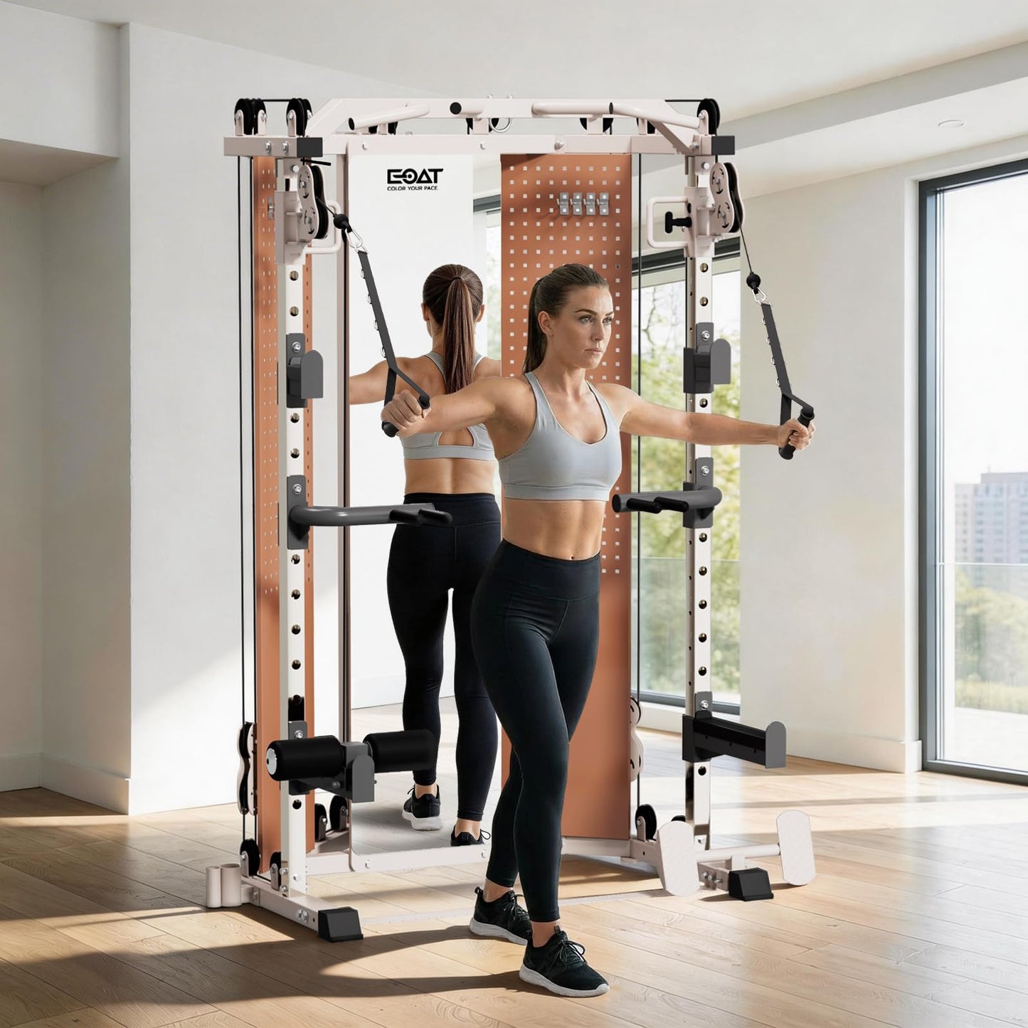 EOAT Smith Machine with Mirror, All in One Corner Master with 132 lbs Weight Stack, 17 Adjustable Settings, Space-Saving Corner Design, Squat Rack Power Cage with Cable Crossover System for Home Gym