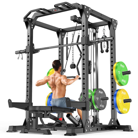 XGSW XINGESIWR Multi-Purpose Squat Rack,Smith Machine Weight Rack Set with Cable Crossover System, Home Gym Power Racks, Power Racks and Packages (L01, Power cage Black+Bench+Color BP 230LBS)