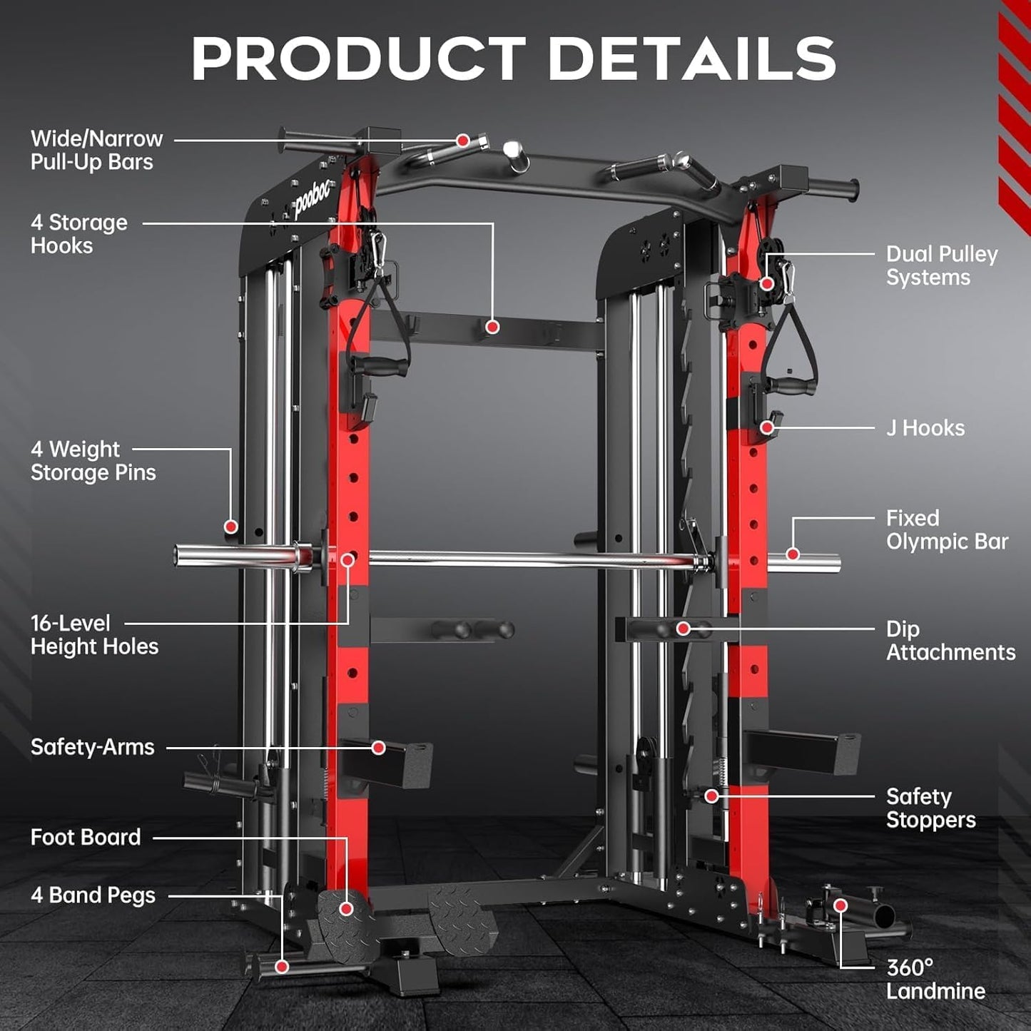 pooboo Multi-Functional Machine Power Cage, 2000LB Squat Rack, LAT-Pull Down System, Dual Pulley Cable Crossover System, Home Gym Workout Machine with Strength Training Attachments (P43 Pro Max 01)