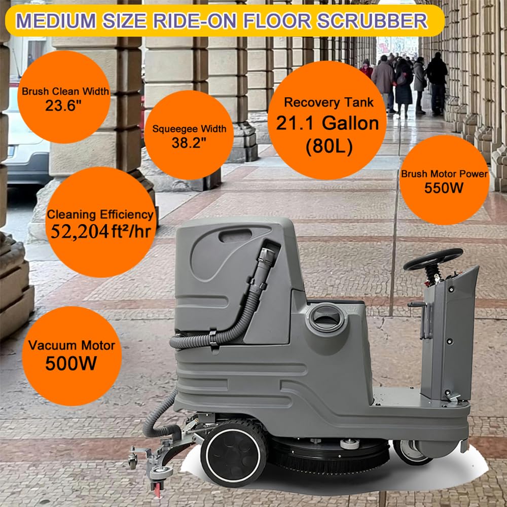 Emotor Ride-On Floor Scrubber Machine 21" Brush w/ 38 Inch Squeegee, 21.1 Gallon Tank Automatic Commercial Riding Floor Cleaning Scrubber, Strong Vaccum Motor 550W Cleaning Efficiency 52,204 ft²/hr