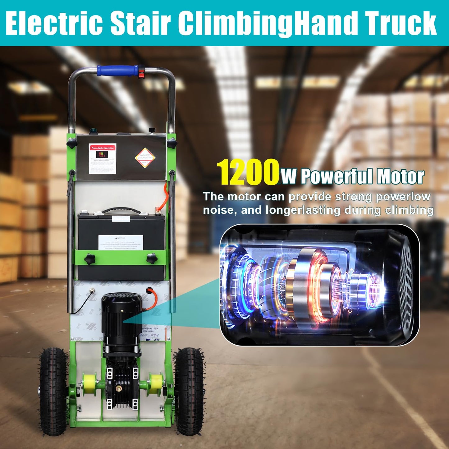 ROOMEDAL 880lbs Electric Stair Climbing Hand Trucks Cart, 1200W Motor Power Stair Climber Dolly Trolley Battery Powered for Moving Heavy Objects Furniture Family Removal Warehouse