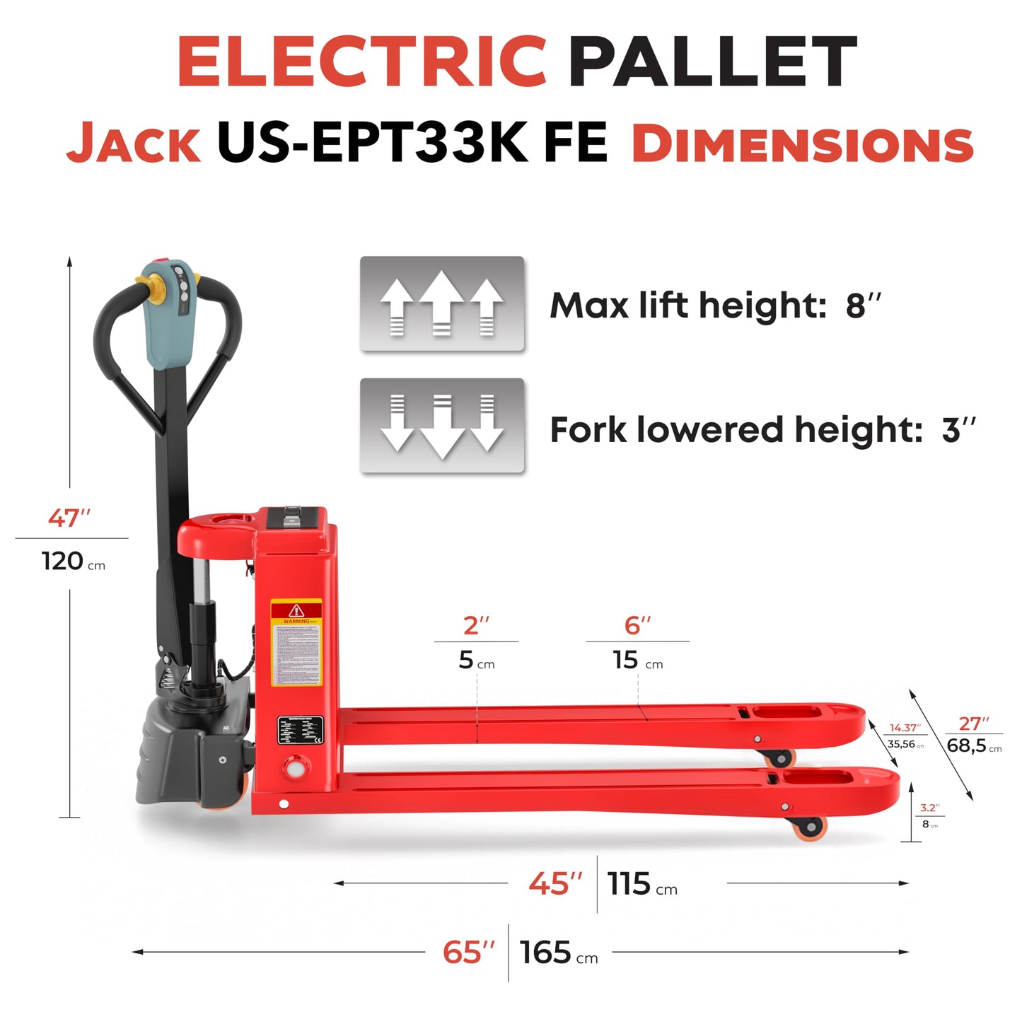 TEXLIFT Full Electric Power Pallet Jack – Standard Duty Pallet Truck 3300 Lb Capacity, 48” L x 27” W Fork Size, Plug-in 48V/15A Lithium Battery – Max Lift Height 7.8 Inch - (US-EPT33K-FE)