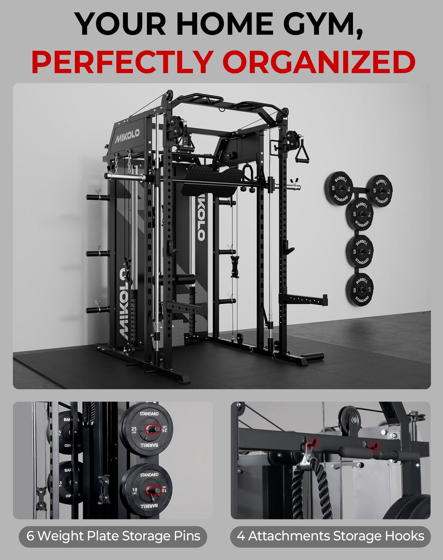Mikolo Smith Machine with Weight Stack, Power Cage Home Gym System with LAT Pulldown & Cable Crossover, Multi-Functional Trainer with Dual Pulley System, Includes 10+ Free Attachments