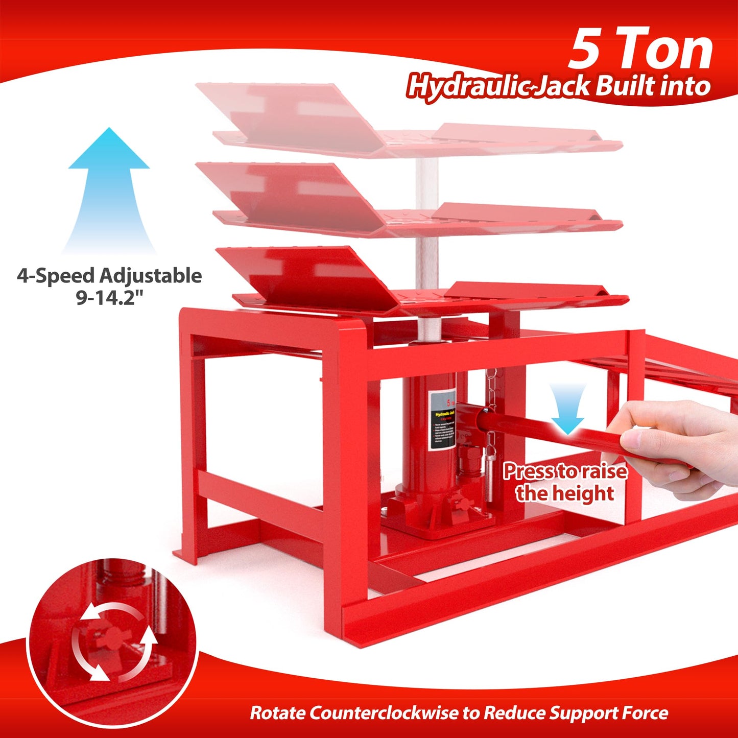 LOCKIETTA 2 PCS Hydraulic Car Ramp, 11065LBS 5T Heavy Duty Car Ramps with Hydraulic Jack, Steel Car Ramps for Oil Changes High Lift 9"-14.3" for Home Garage, Vehicle Truck Repair, Red