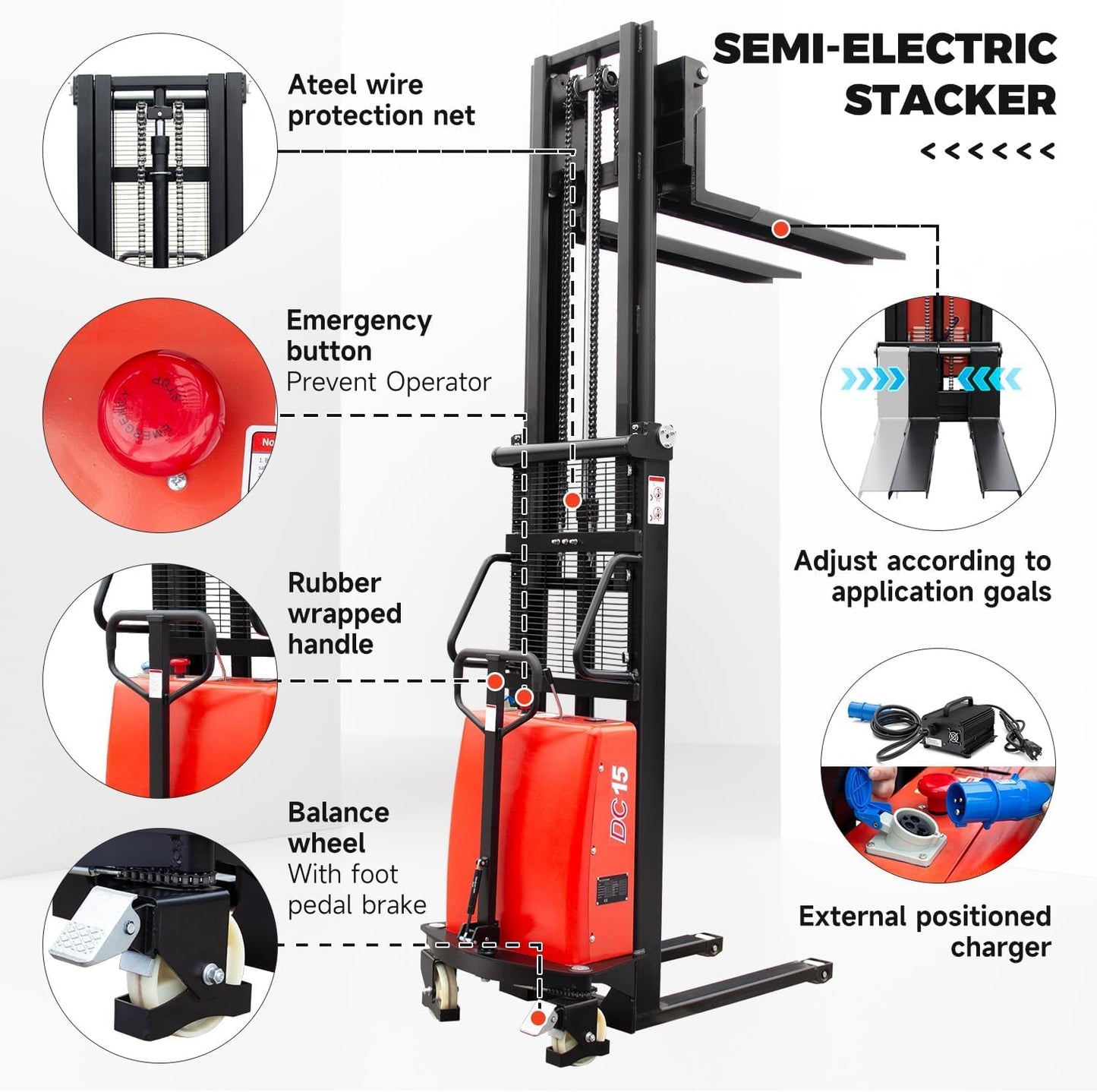 HPDMC 3300lbs Semi-Electric Pallet Stacker, 98" Lifting Height Wakie Stacker, Fixed Legs Material Lift with Adjustable Forks
