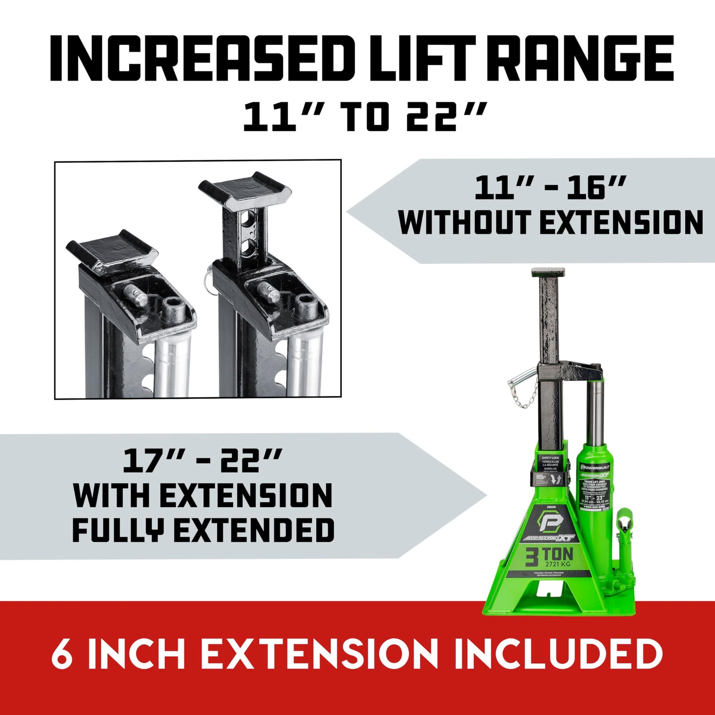 POWERBUILT 3 Ton All-in-One Hydraulic Bottle Jack and Jackstand in One, Compact, Wide Base, 11-21 inch Range, Eliminates Jackstands, for Trucks, SUVs, RVs, Trailers, Not for Sedans (Green) 640912GN