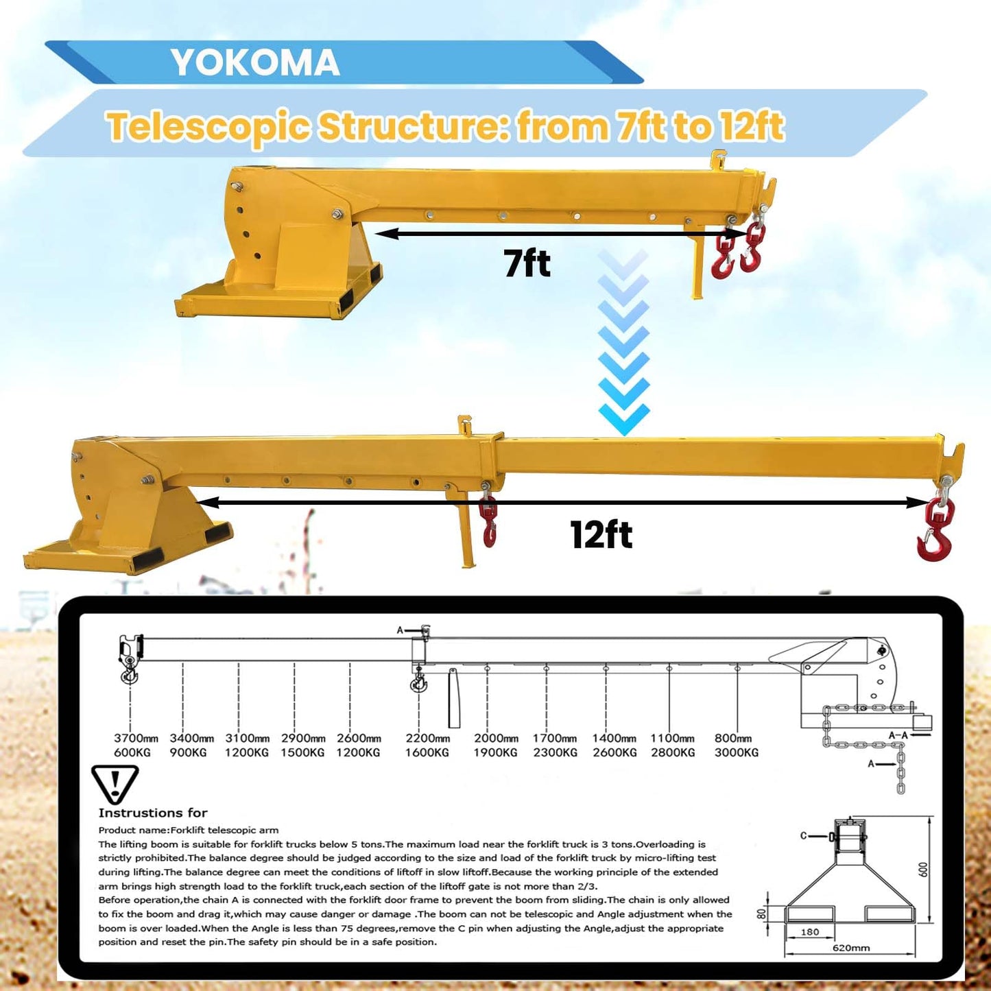 Yokoma 3000KG/6600LB Forklift Jib Boom Mobile Crane, Industrial Lifting Telescoping with 0-75° Adjustable Tilt Angle, 2 Lifting Hooks Hoist, Telescopic Booms Attachments for Towing Handling Equipment