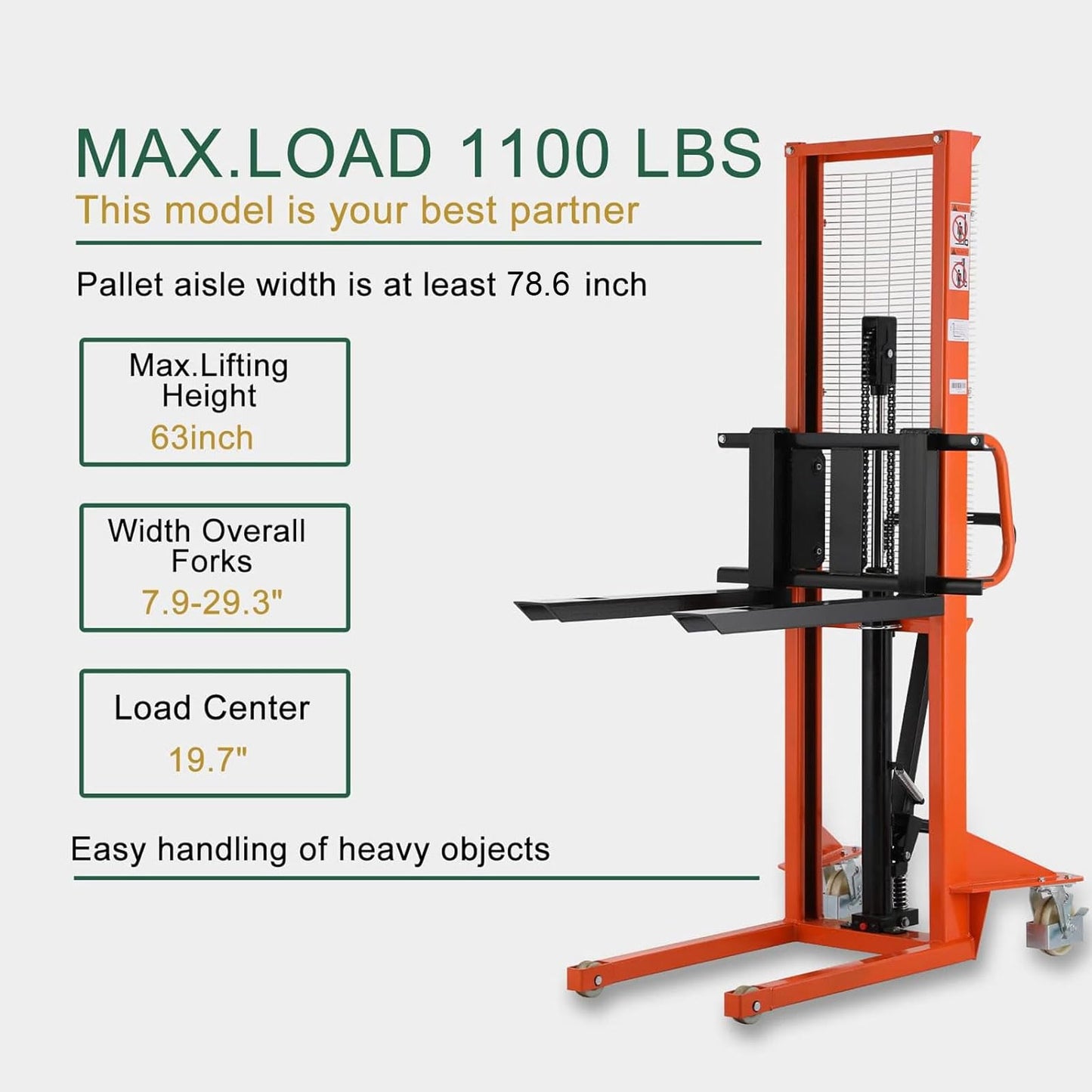 Tory Carrier Manual Stacker, Material Lifts, Hand Pallet Forklift 1100 lbs Capacity 63" Lift Height with Adjustable Forks and Fixed Legs for Open Bottom Pallets