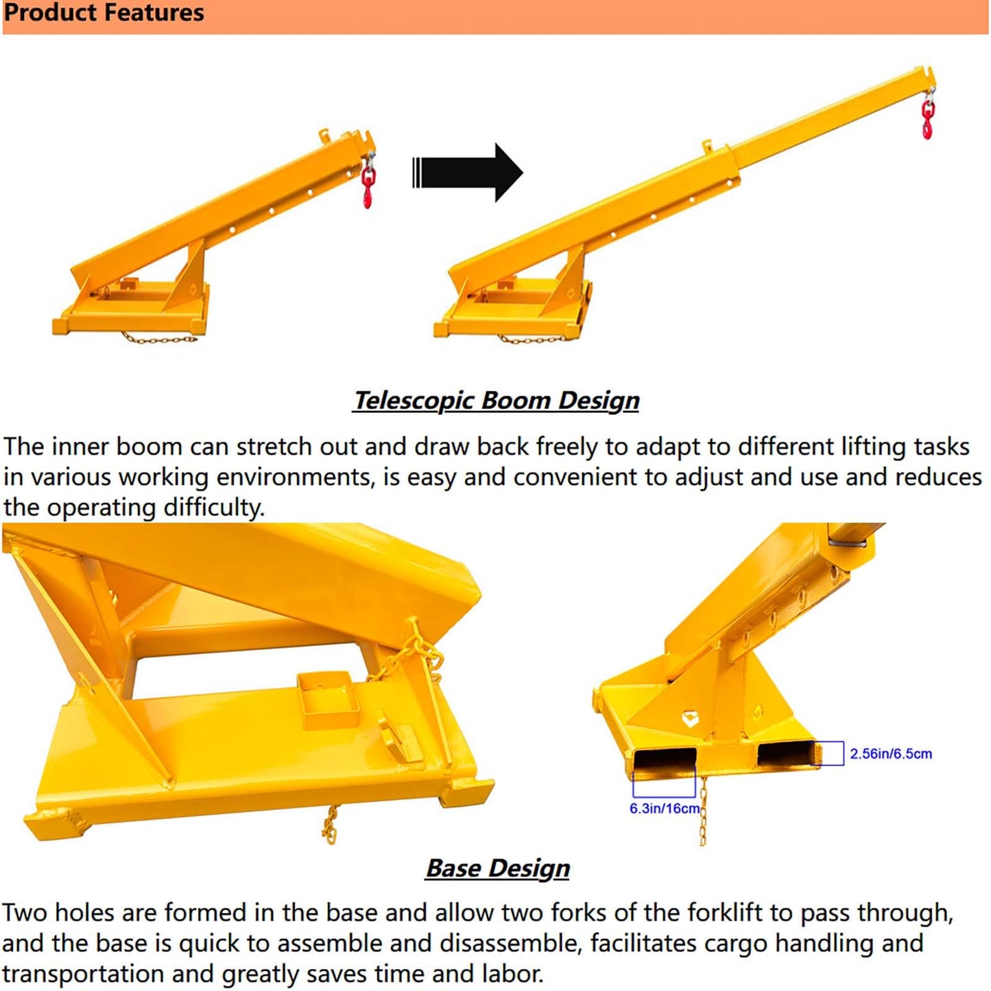 BREVELTION 4400LB Adjustable Forklift Mobile Crane, Lifting Forklift Extension Attachments, Fix Angle Jib Boom Crane, W/Telescopic Boom and Hook, for Forklift Towing Handling 63in to 98in Extended Arm
