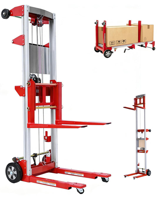 ELOMBR 122" Material Lift Winch Stacker, 400 lbs Capacity Manual Material Lifts, Fixed Straddle Material Lifter, Hand Winch Lift Trucks for Warehouse, Factory, Lightweight, 34.60" L x 24.80" W, Red