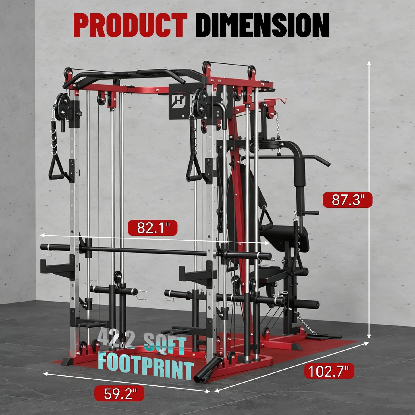 FAGUS H All in One Home Gym System Workout Station, Multi-Function Smithe Machine Power Cage with Cable Crossover, Tripe-Sided Independent Load Posts, Smithe Trainer for Full Body Training, Black Red