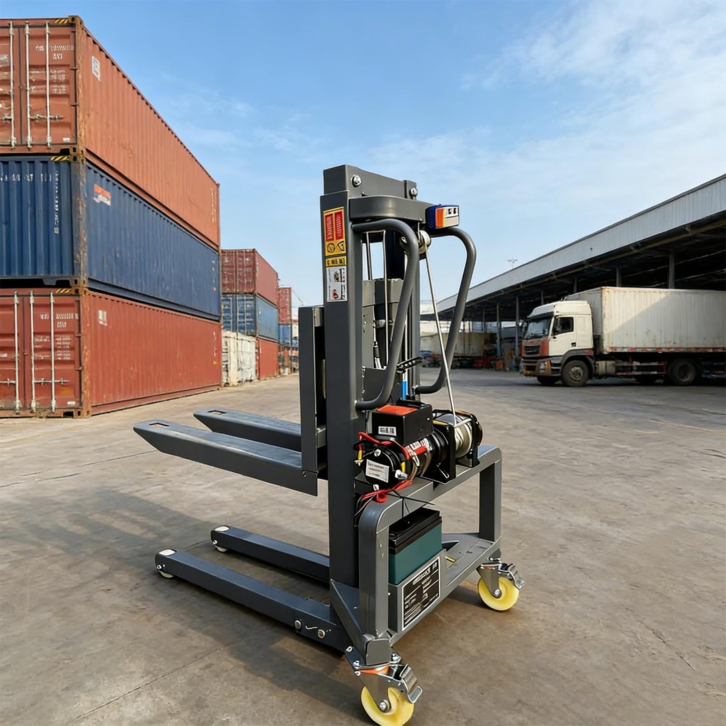 Electric Pallet Stacker with Adjustable Forks 661 lb Capacity Manual Forklift Truck Mobile Forks Fit Various Pallet Sizes for Industrial Warehouse (1.6m/5.2ft Lifting Height)