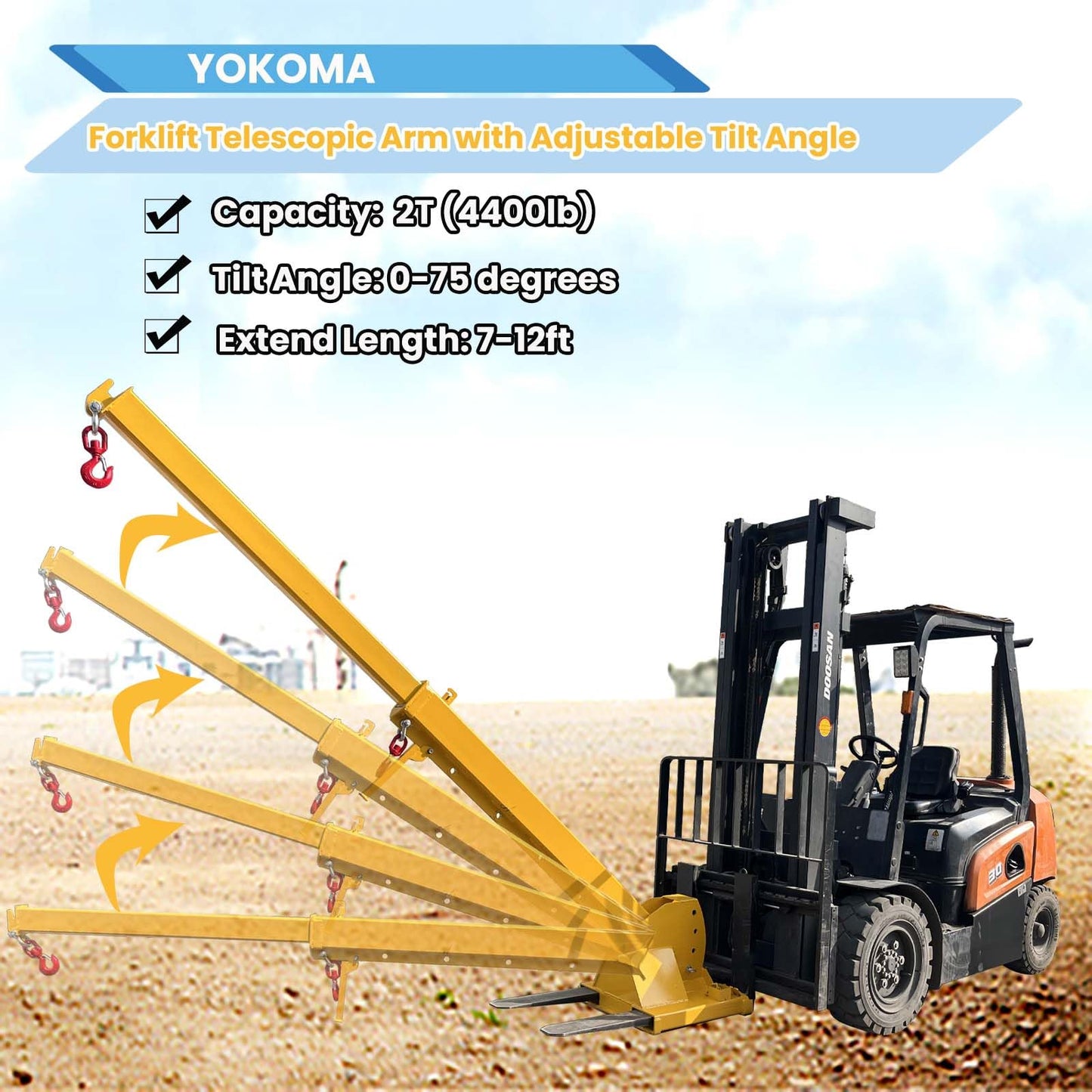 Yokoma 2000KG/4400LB Forklift Jib Boom Adjustable Mobile Crane Lifting Hoist with 0-75° Adjustable Tilt, 2 Lifting Hooks Hoist, Telescopic Booms Attachments for Towing Handling Equipment