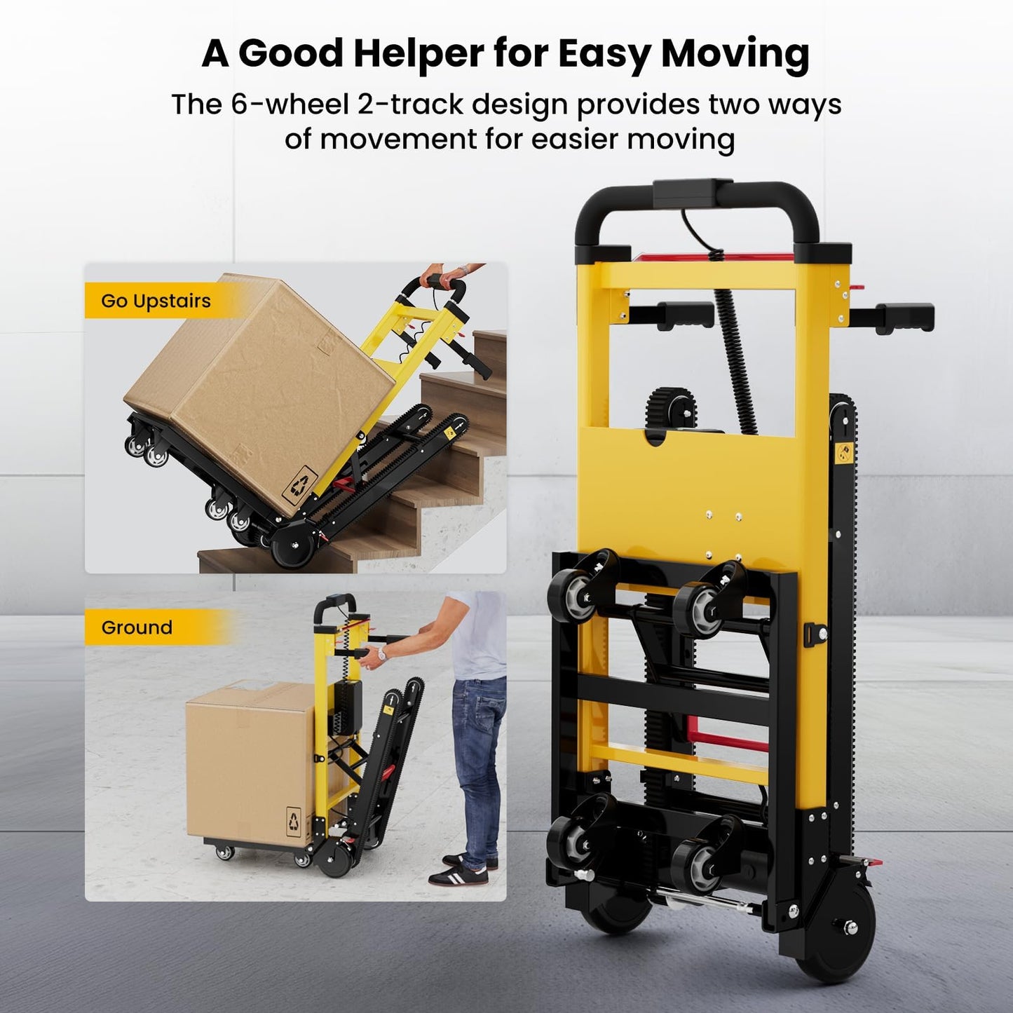 Riosoc Electric Stair Climbing Dolly, Heavy Duty, Powered Stair Climber Dolly Cart with 6 Wheels Motor Powered for Furniture Logistics Warehouse, Yellow