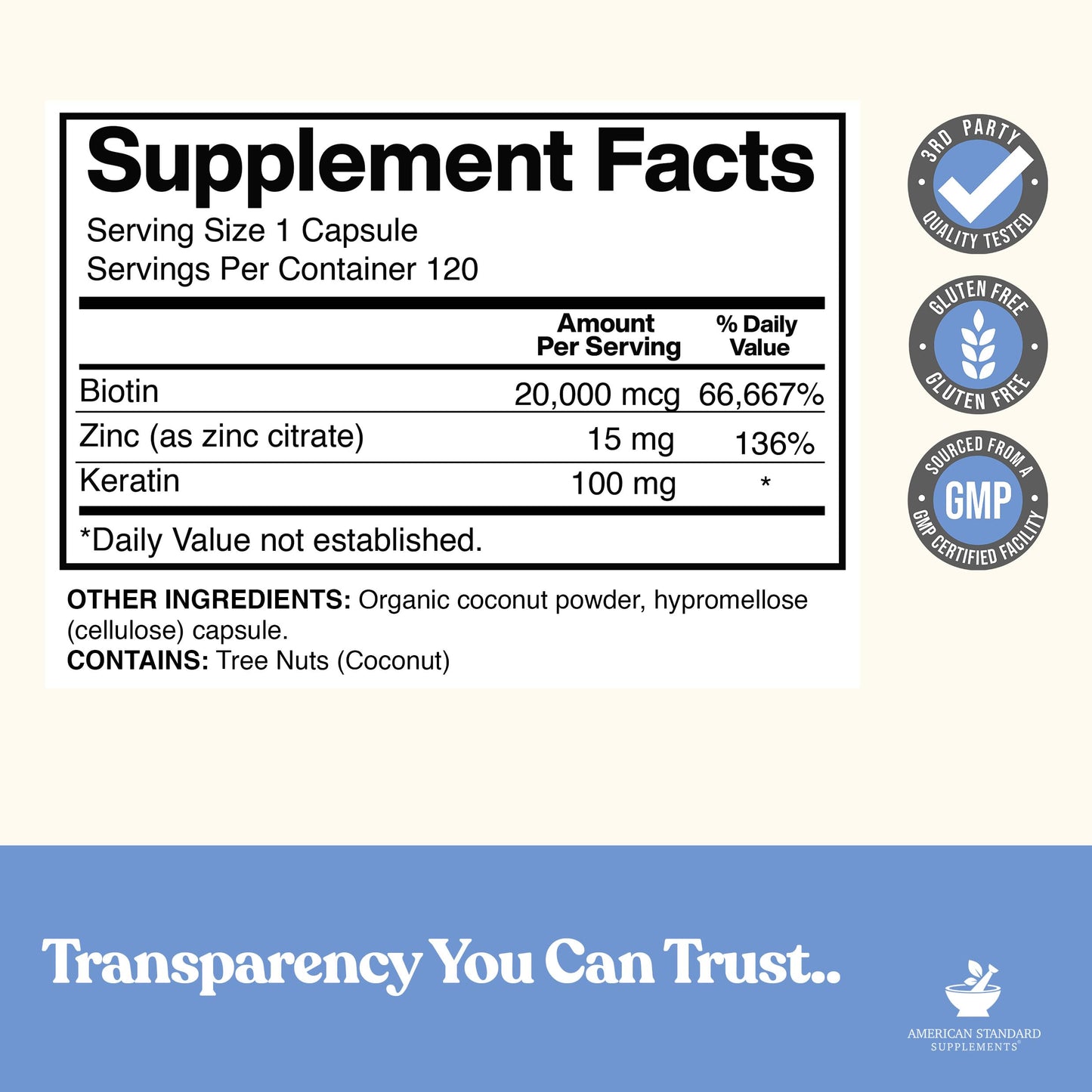 American Standard Supplements Biotin 20,000mcg with Keratin, Coconut Powder and Zinc, Biotin Supplement for Women and Men,120 Veggie Capsules, 120 Day Supply