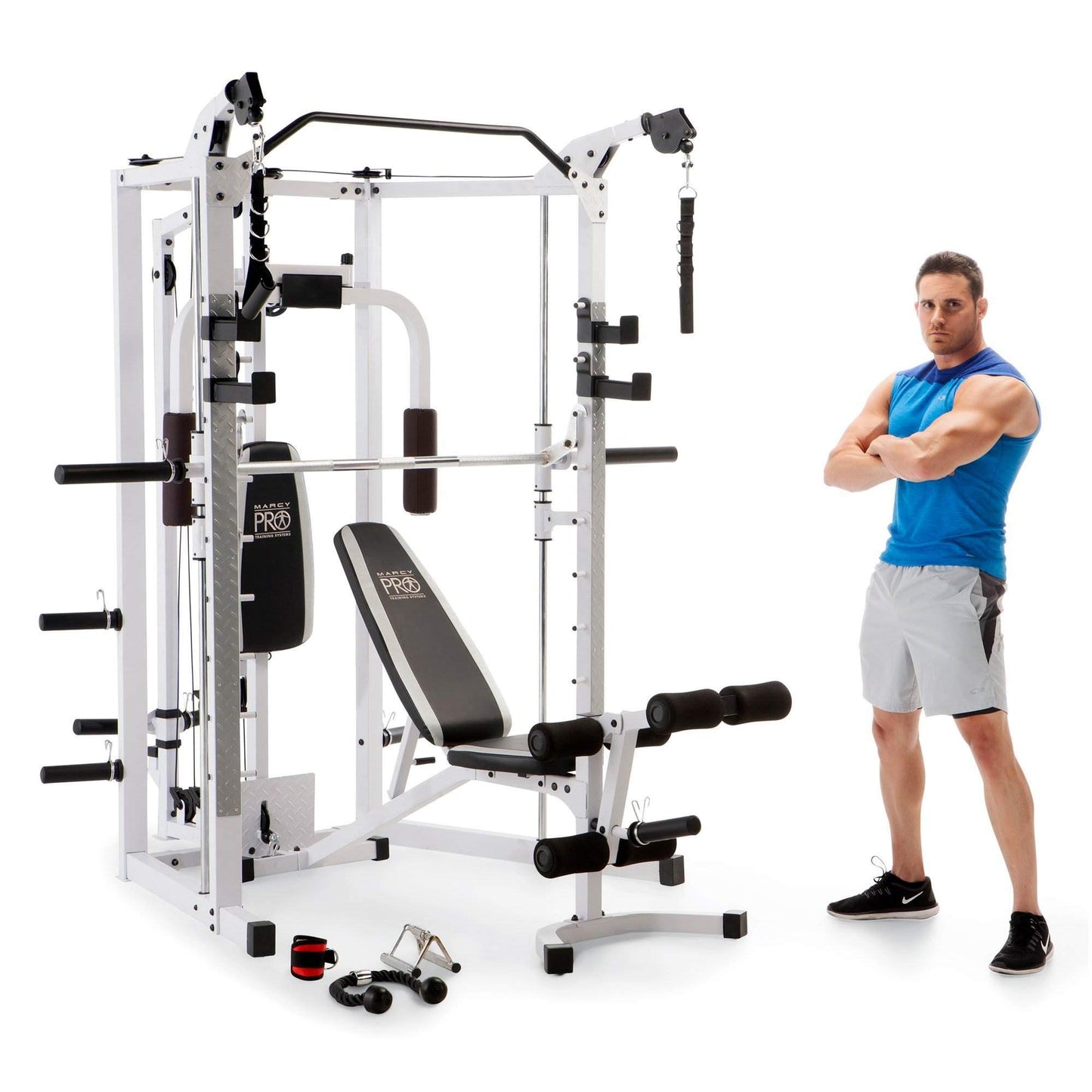 Marcy Combo Smith Cage Machine Full Body Training Home Gym System with Leg Developer, Padded Workout Bench, and Strength Training Weight Bar, White