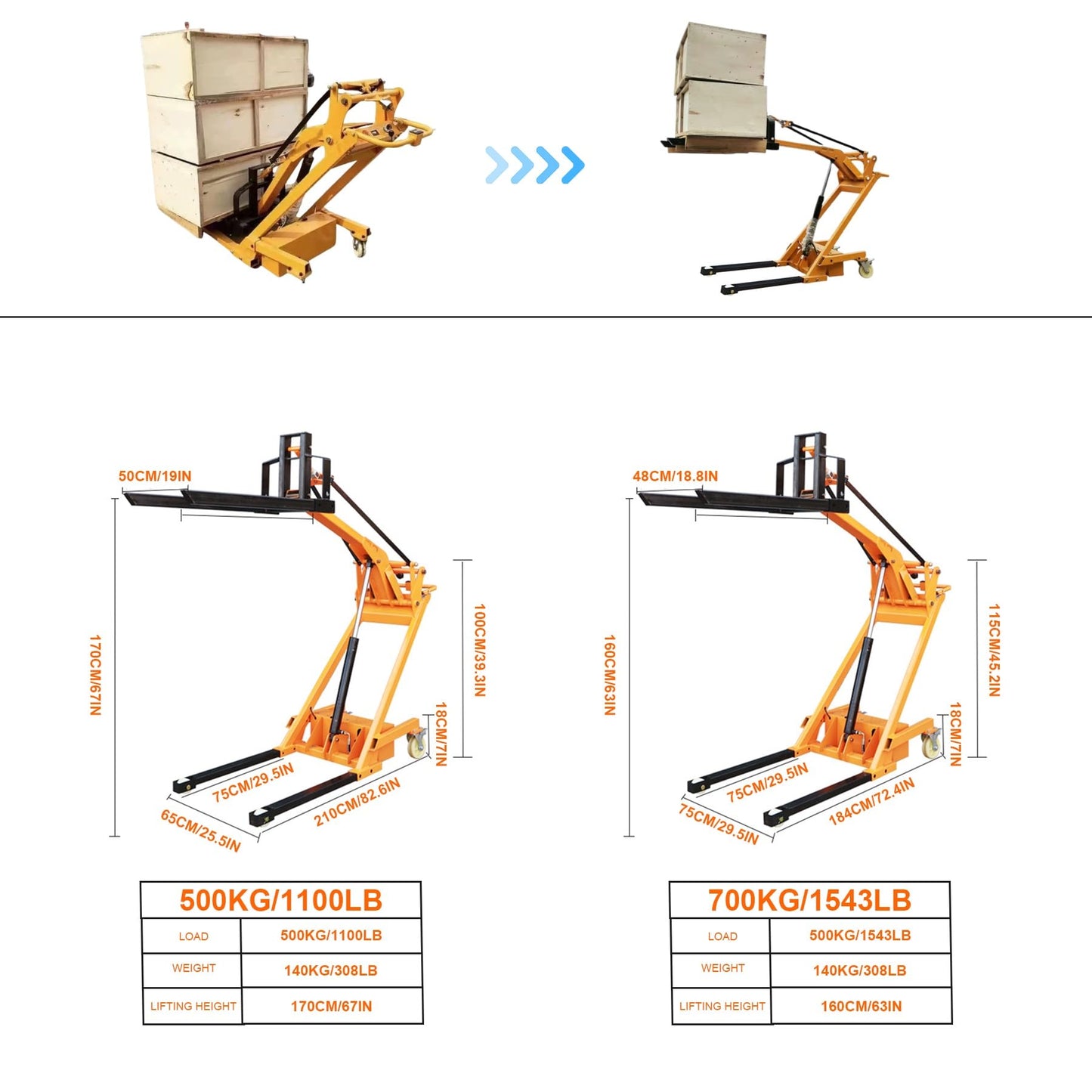 Electric Stacker Articulated Forklift, 500-700kg Load Capacity, Max Lifting Height 67-63in for Warehouse Logistics