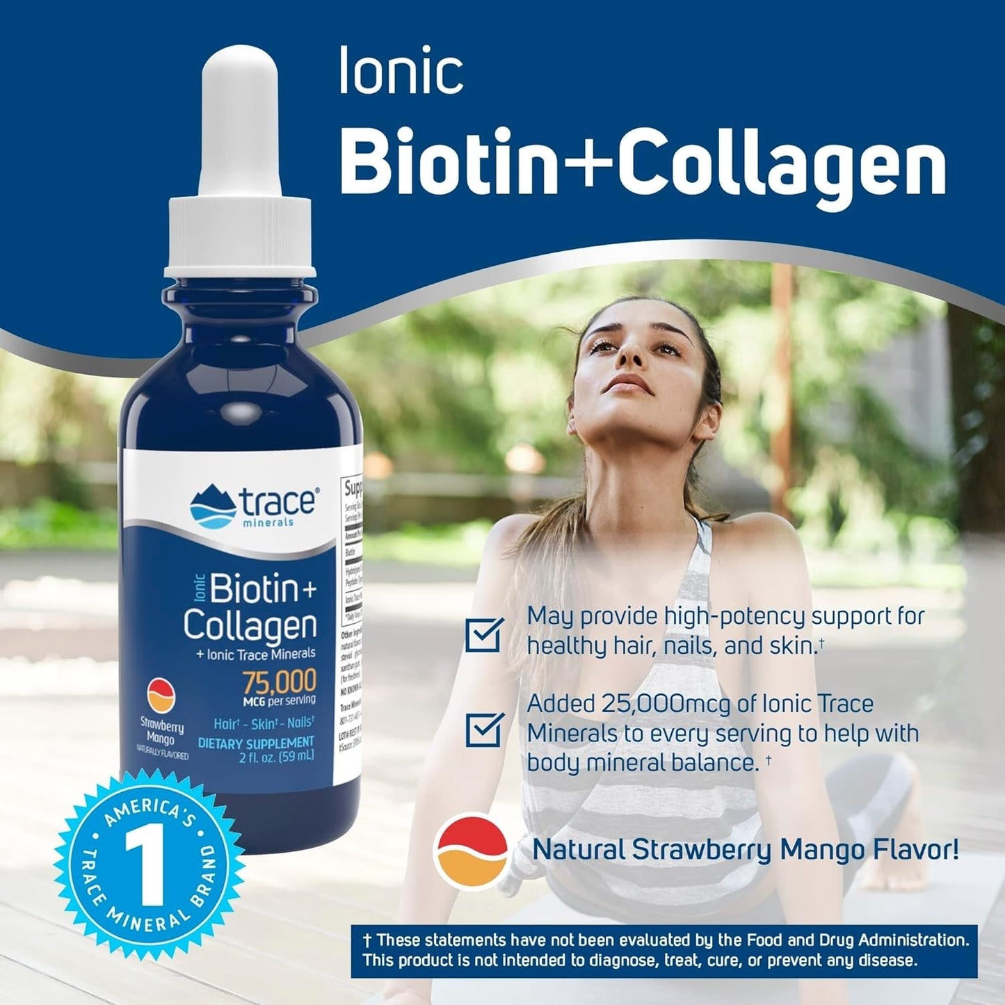 Trace Minerals Ionic Biotin + Collagen - Skin Supplement for Healthy Hair & Strong Nails - Liquid Biotin & Collagen - Supports Mineral Balance - Strawberry Mango Flavor - 2 fl oz (29 Servings)