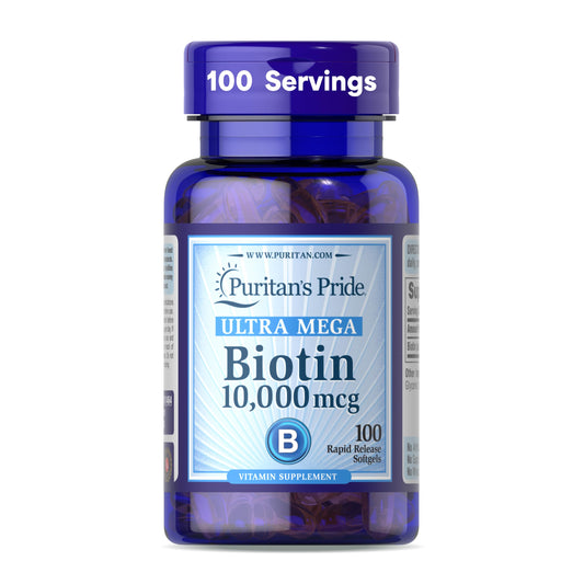 Puritan's Pride Premium Ultra Mega Biotin 10,000mcg, Dietary Supplement for Healthy Hair, Skin, Nails, and Energy Metabolism Support, 100 Day Supply, 100 Rapid Release Softgels