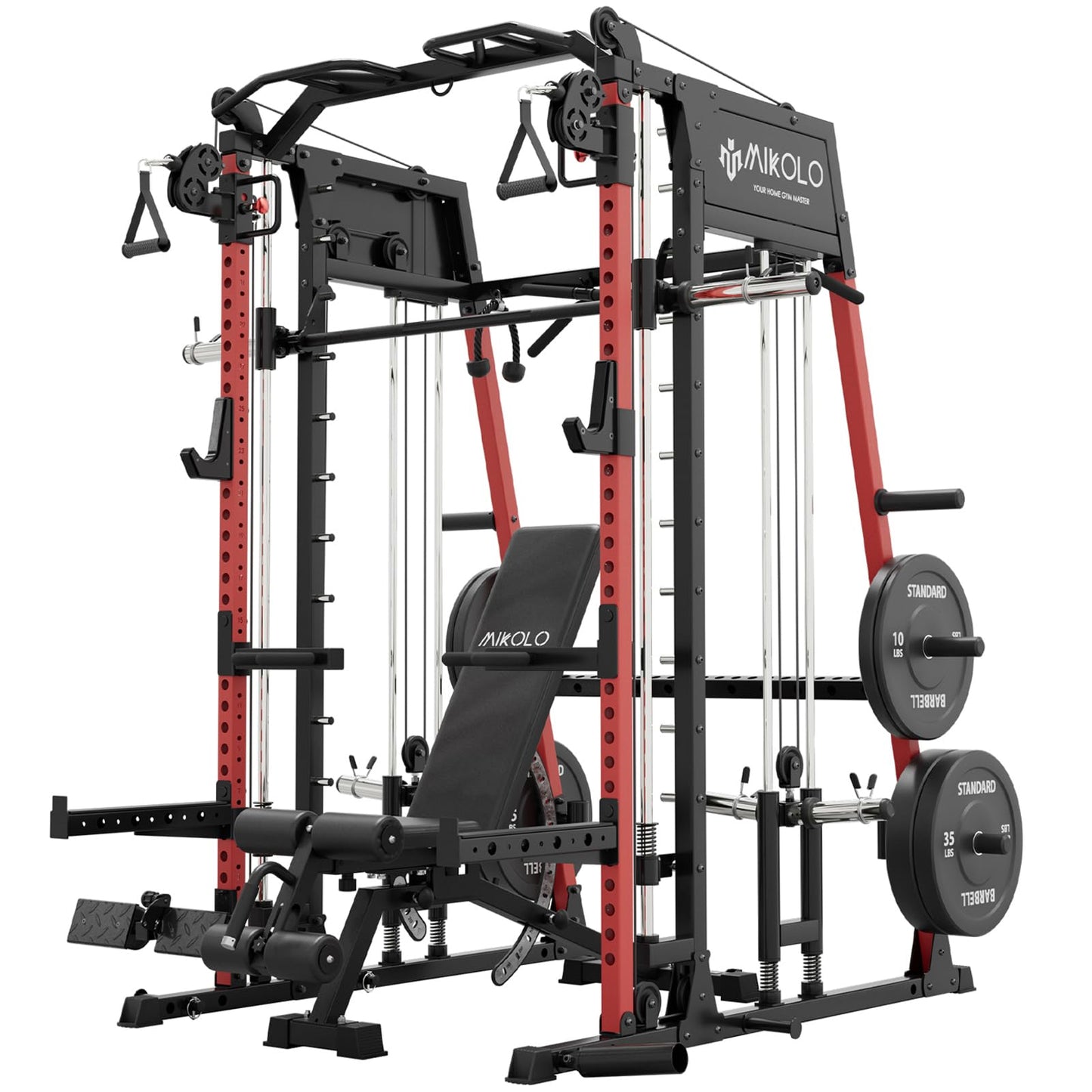 Mikolo M4 2.0 Standard Smith Machine with 230 lbs Bumper Weight Plates, Multi-Function Squat Rack with LAT-Pull Down System & Cable Crossover Machine, Home Gym Equipment, Red