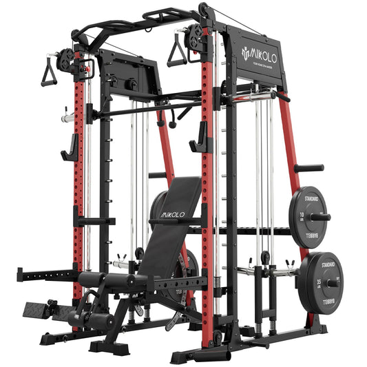 Mikolo M4 2.0 Standard Smith Machine with 230 lbs Bumper Weight Plates, Multi-Function Squat Rack with LAT-Pull Down System & Cable Crossover Machine, Home Gym Equipment, Red