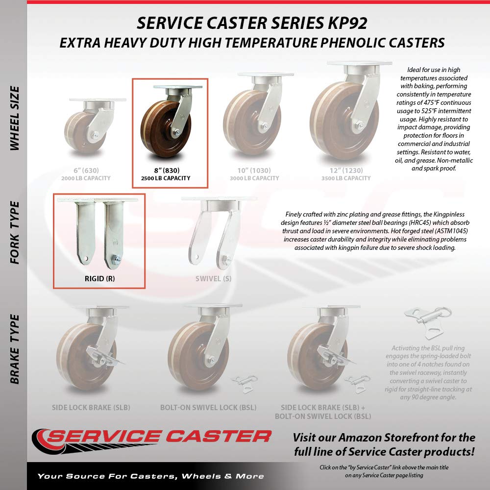 Extra Heavy Duty Kingpinless 8” x 3” High Temp Phenolic Swivel Caster Set for Cranes, Gantries, Hoists, and Winches-2 Swivel and 2 Rigid Casters-2,500 lbs Per Caster – Set of 4 - Service Caster Brand