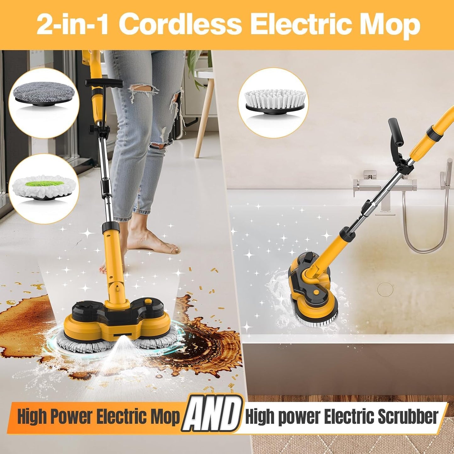 Cordless Electric Mop for Dewalt 20V Battery (NO Battery), 2 In 1 Spin Mop & Floor Scrubber Machine with LED Light & Water Spray, 800 RPM Electric Mops for Floor Cleaning, Hardwood,Tile